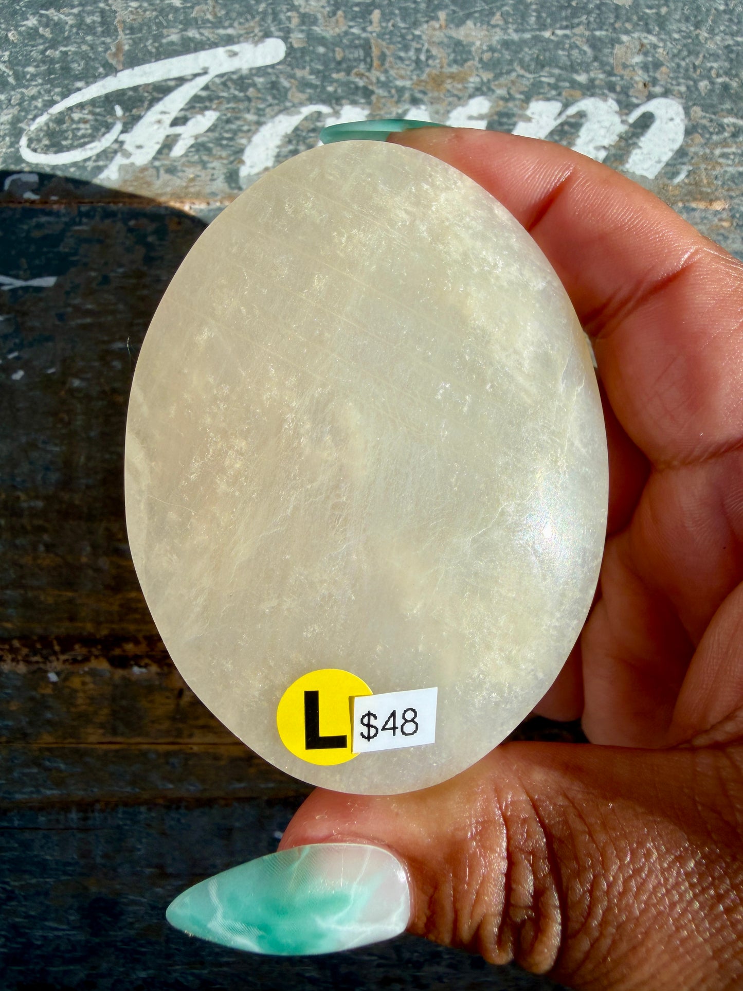 Gorgeous Blue Flash White Moonstone Palm Stone | India | Opt L