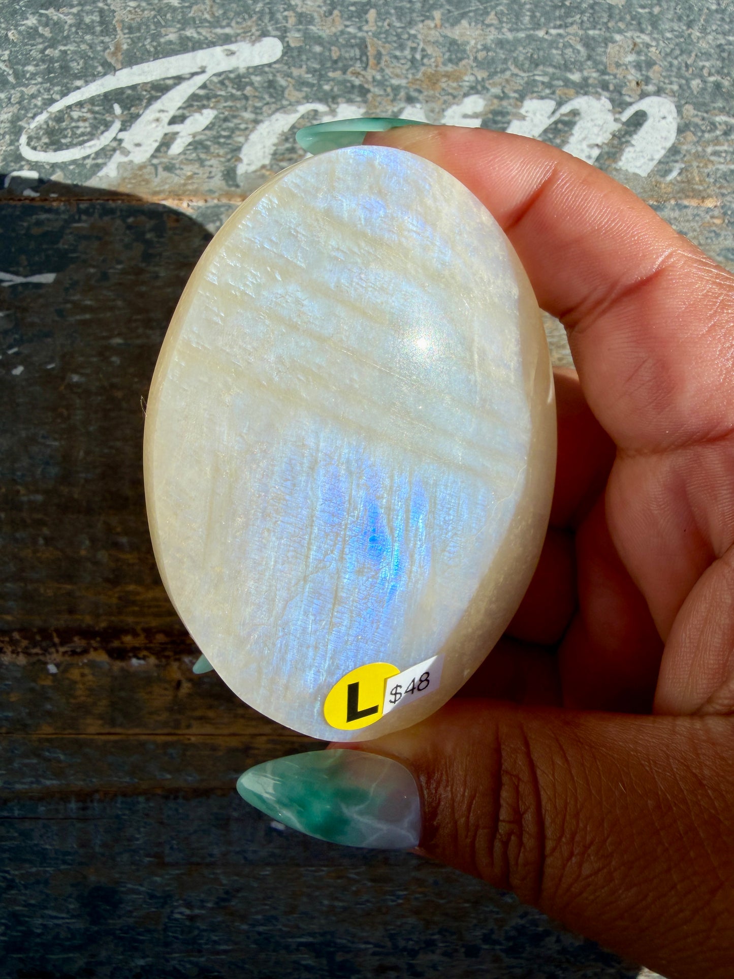 Gorgeous Blue Flash White Moonstone Palm Stone | India | Opt L
