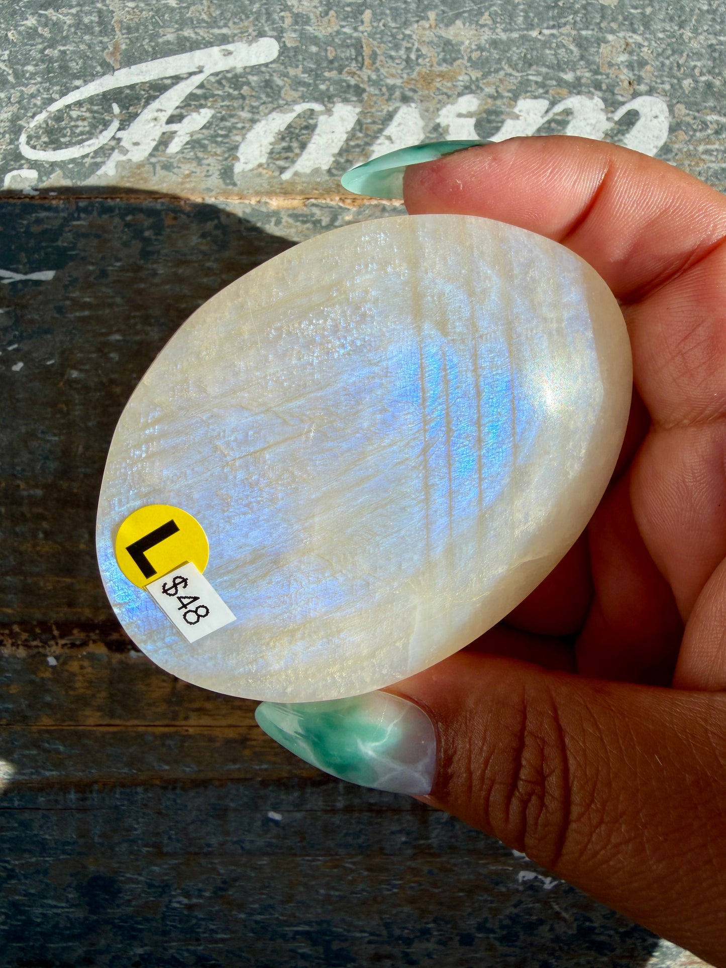 Gorgeous Blue Flash White Moonstone Palm Stone | India | Opt L