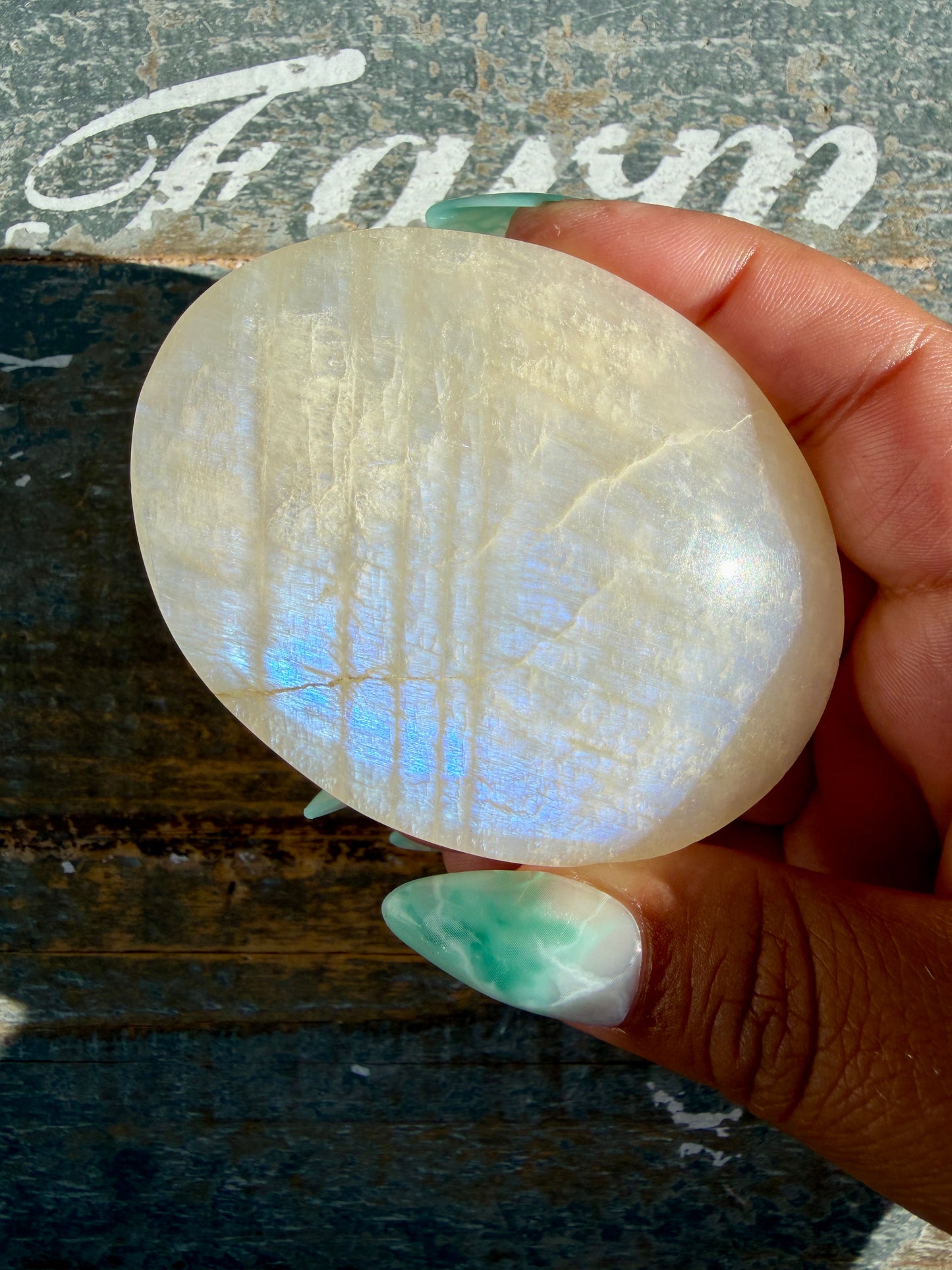 Gorgeous Blue Flash White Moonstone Palm Stone | India | Opt L