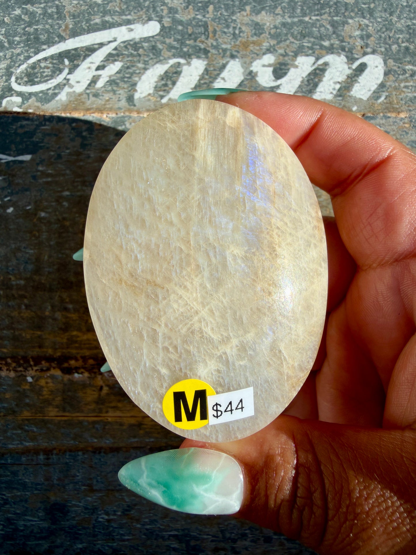 Gorgeous Blue Flash White Moonstone Palm Stone | India | Opt M