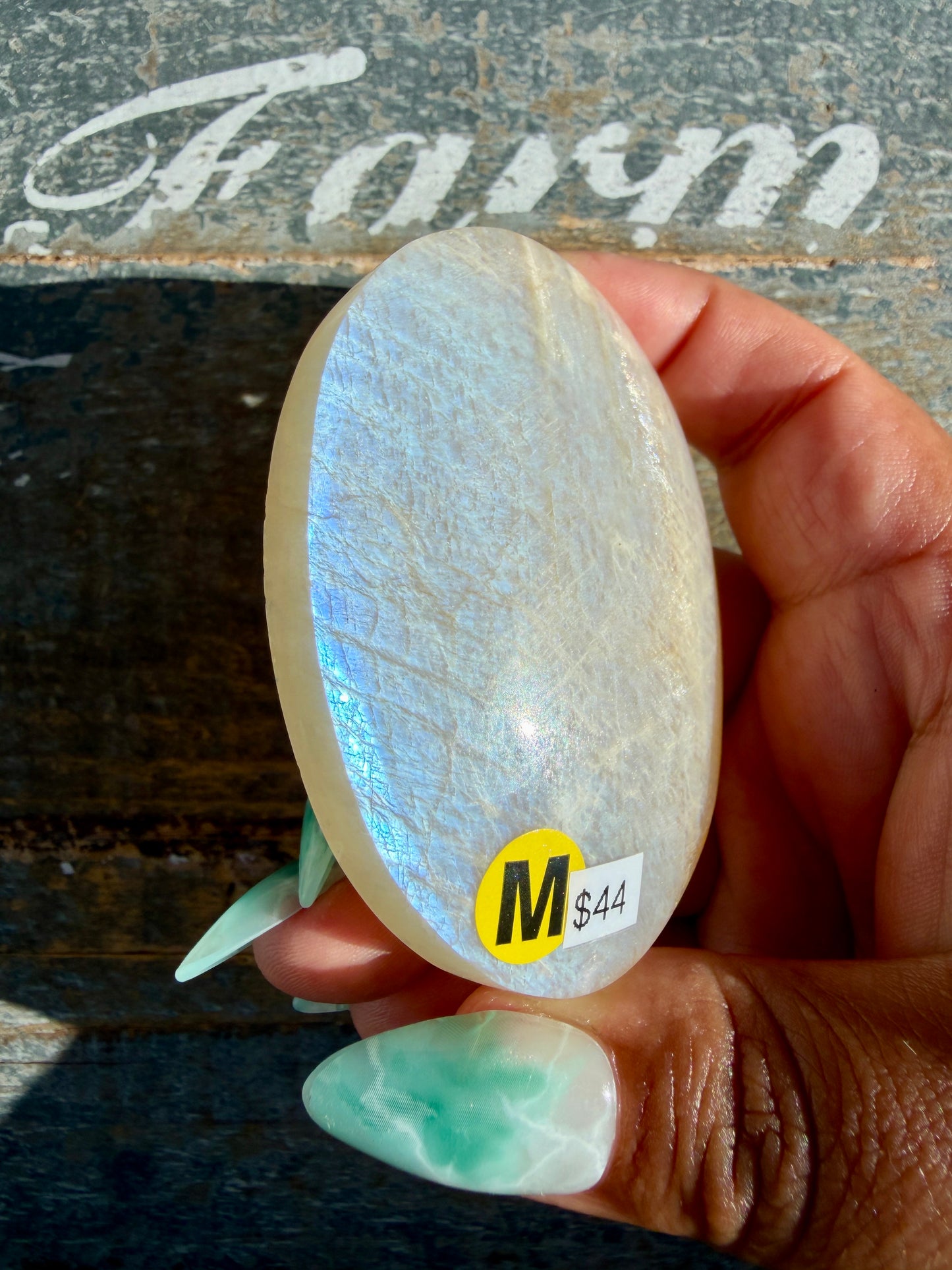 Gorgeous Blue Flash White Moonstone Palm Stone | India | Opt M