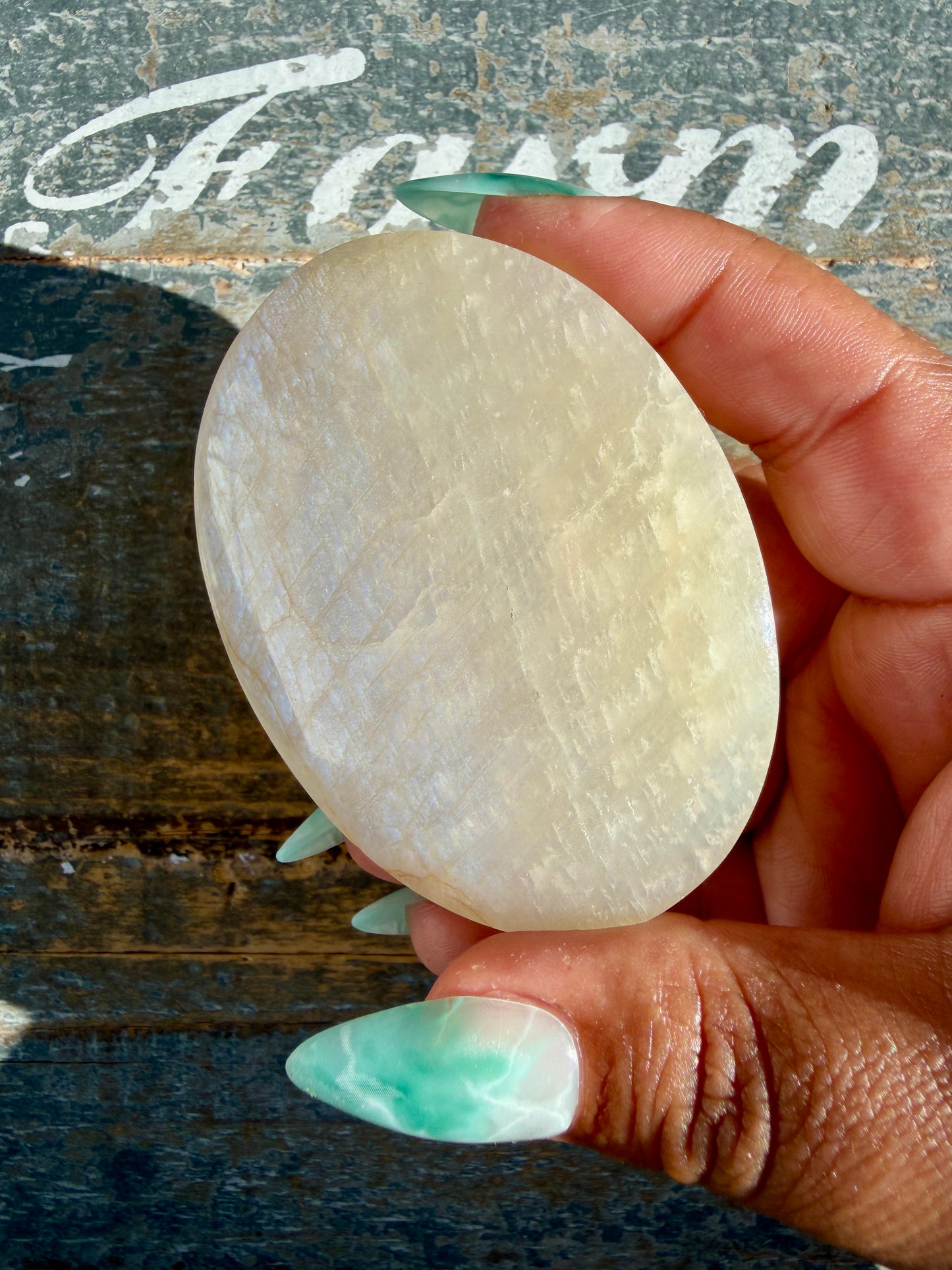 Gorgeous Blue Flash White Moonstone Palm Stone | India | Opt M