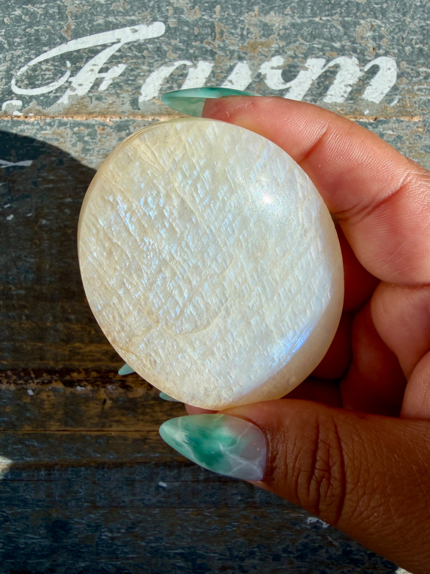 Gorgeous Blue Flash White Moonstone Palm Stone | India | Opt M