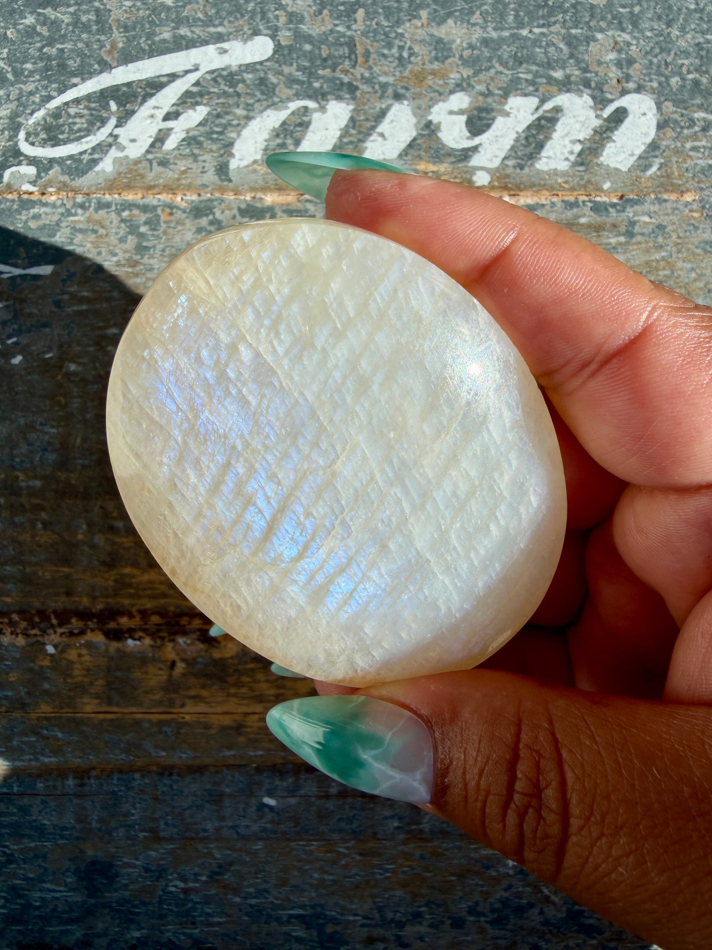 Gorgeous Blue Flash White Moonstone Palm Stone | India | Opt M