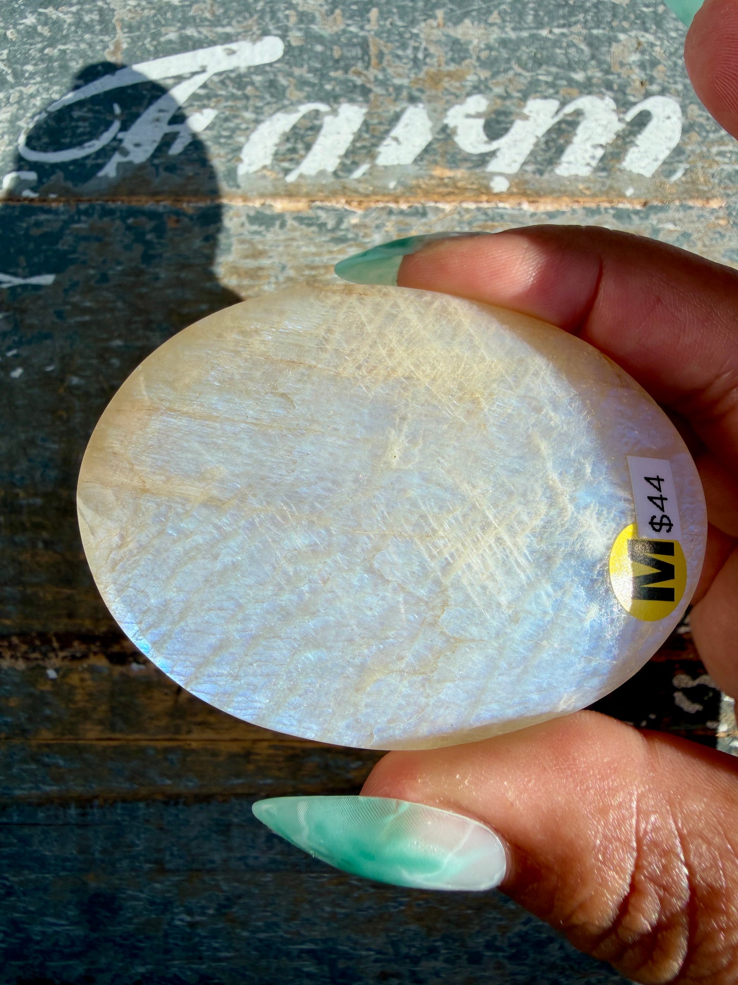 Gorgeous Blue Flash White Moonstone Palm Stone | India | Opt M