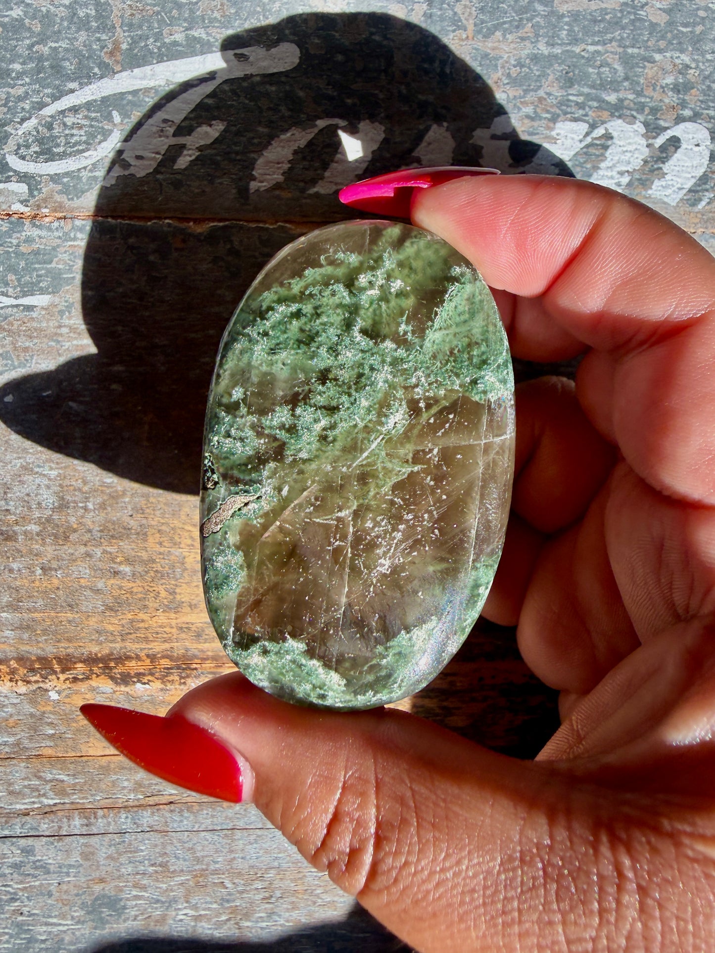 Gorgeous Optical Calcite + Moss Agate Combo Mineral Palm Stone | India | Opt 50