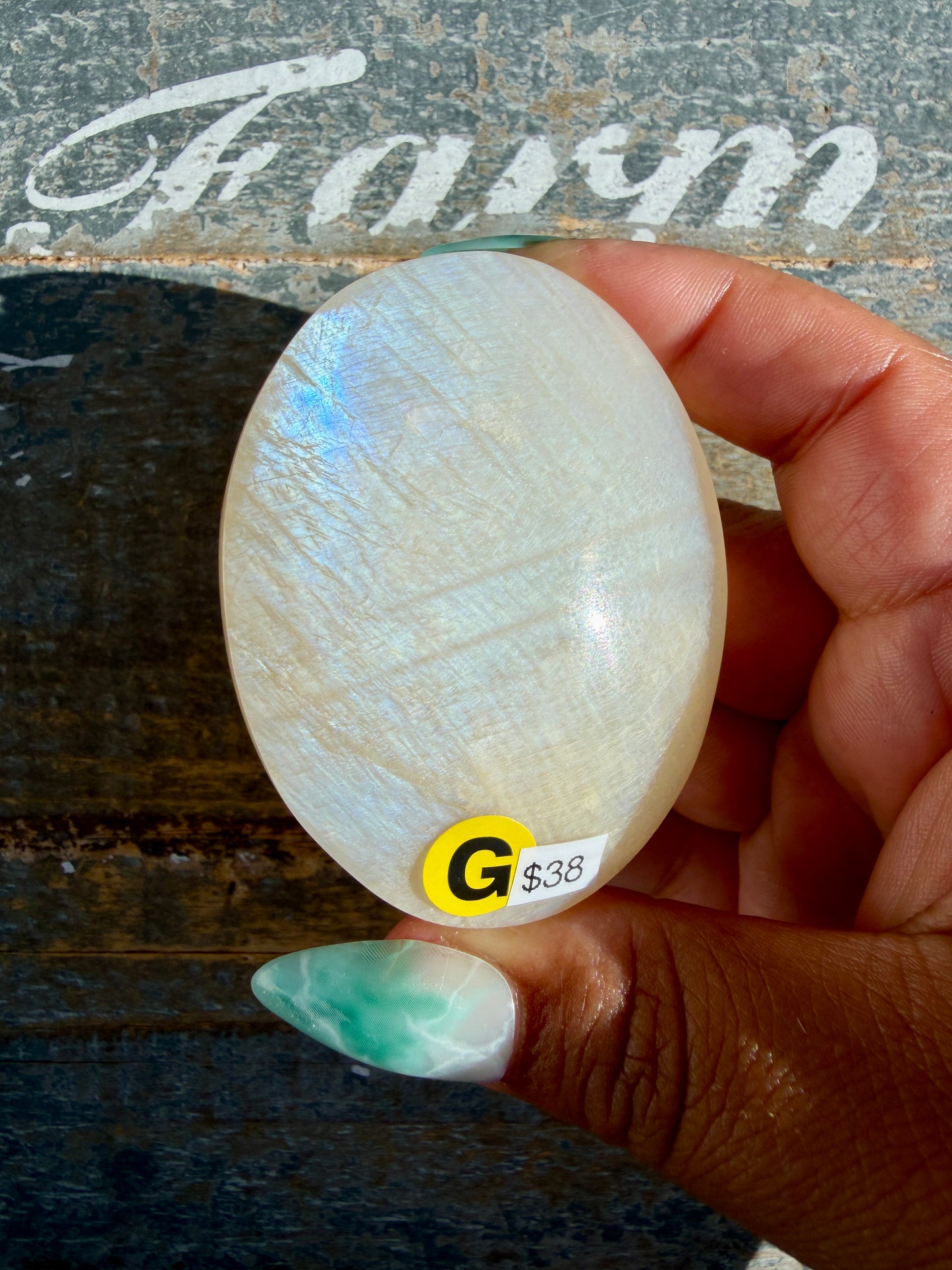 Gorgeous Blue Flash White Moonstone Palm Stone | India | Opt G