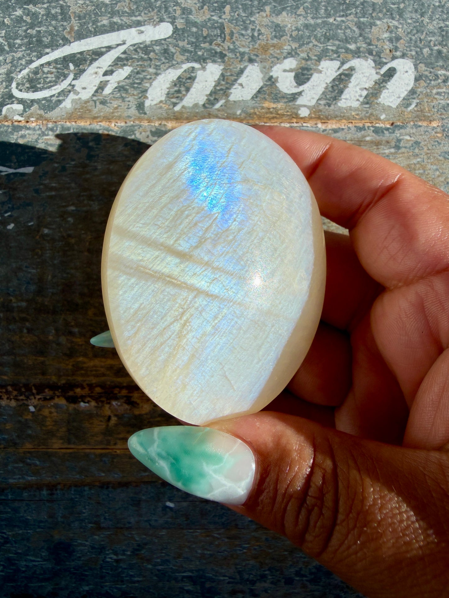 Gorgeous Blue Flash White Moonstone Palm Stone | India | Opt G