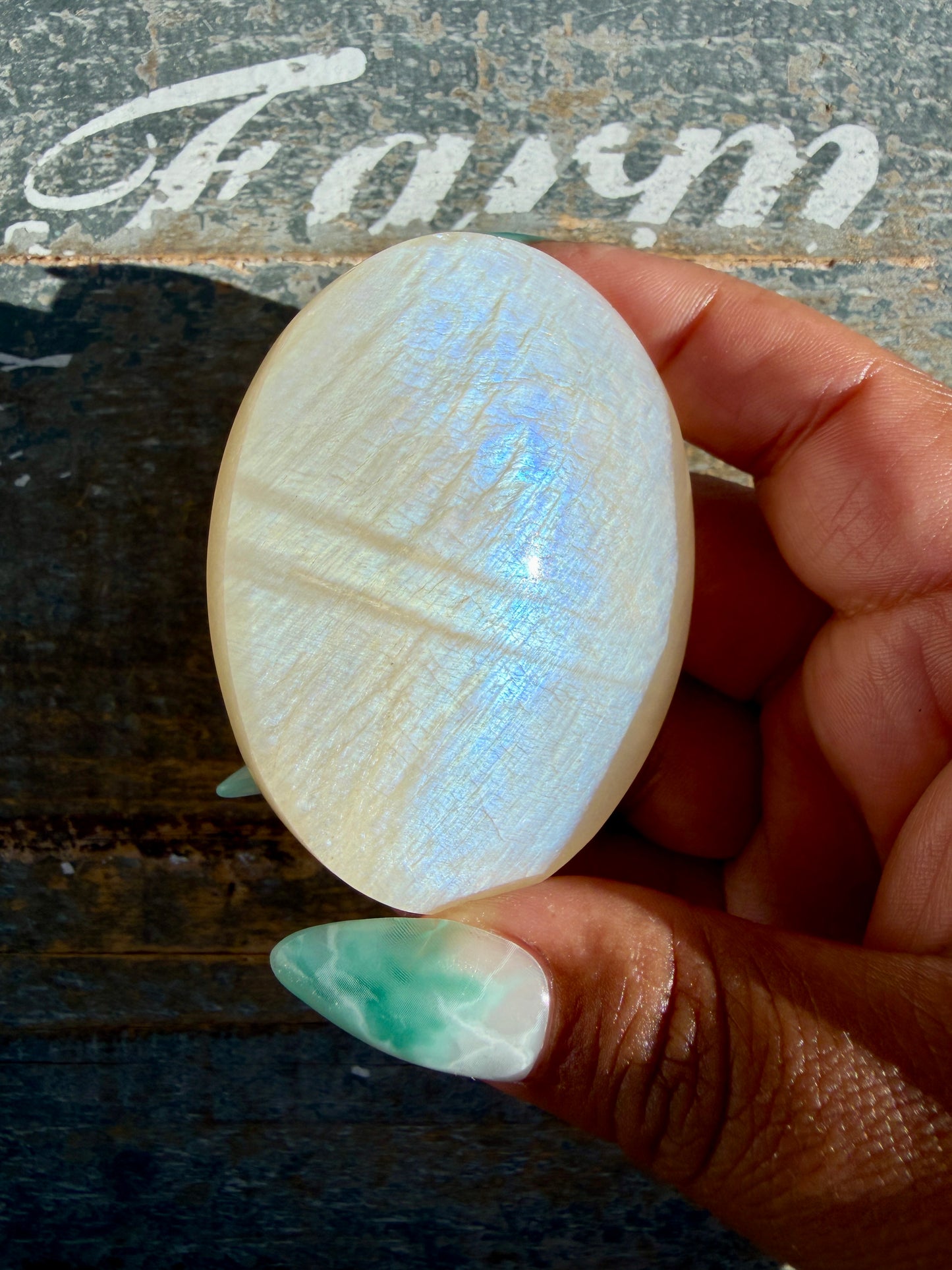 Gorgeous Blue Flash White Moonstone Palm Stone | India | Opt G