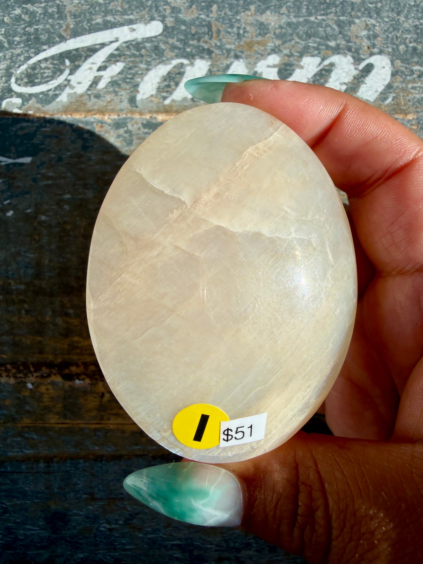 Gorgeous Blue Flash White Moonstone Palm Stone | India | Opt I