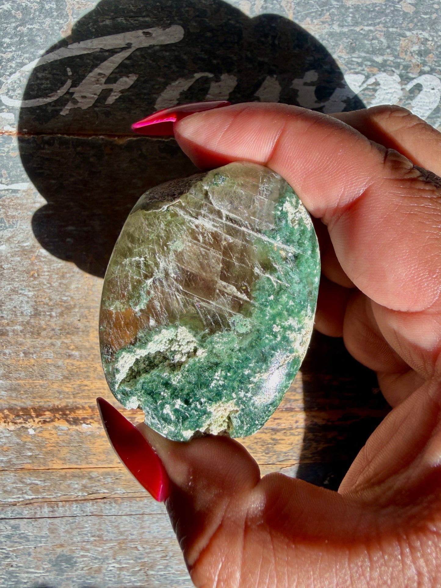 Gorgeous Optical Calcite + Moss Agate Combo Mineral Palm Stone | India | Opt 58