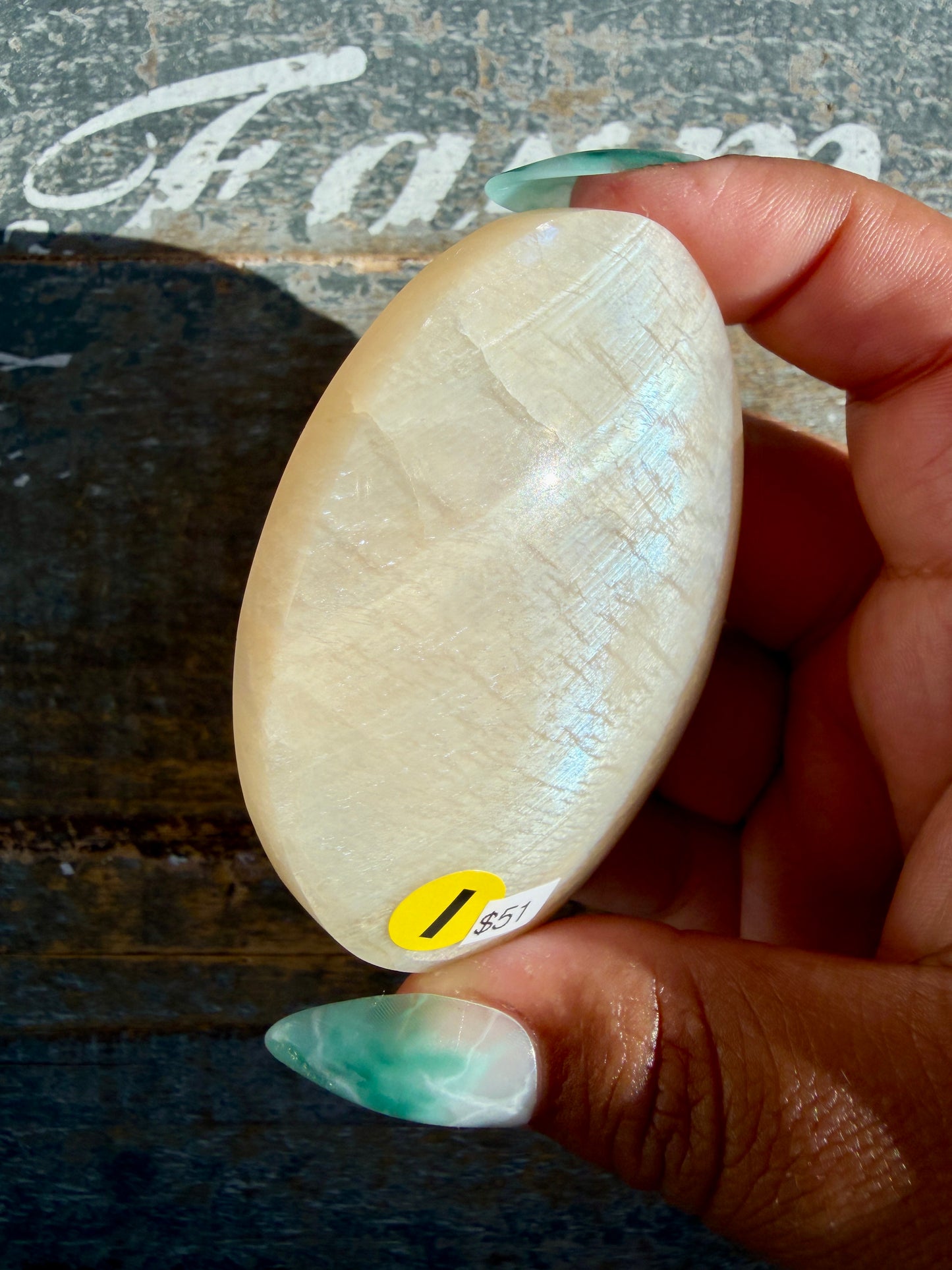 Gorgeous Blue Flash White Moonstone Palm Stone | India | Opt I