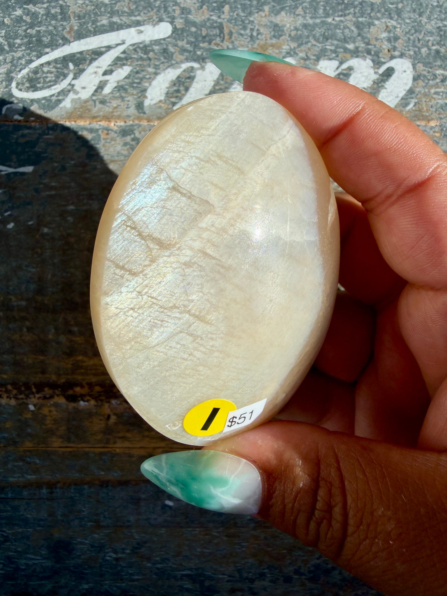 Gorgeous Blue Flash White Moonstone Palm Stone | India | Opt I