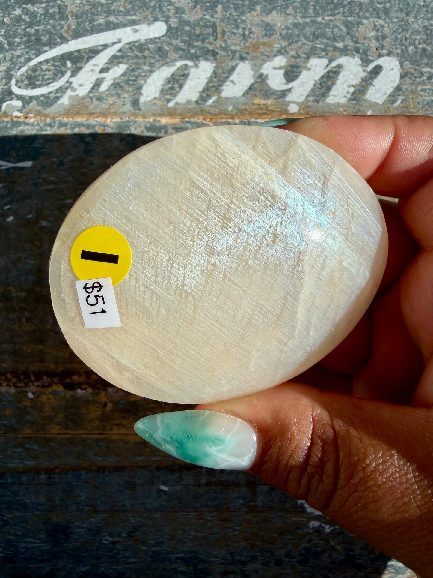 Gorgeous Blue Flash White Moonstone Palm Stone | India | Opt I