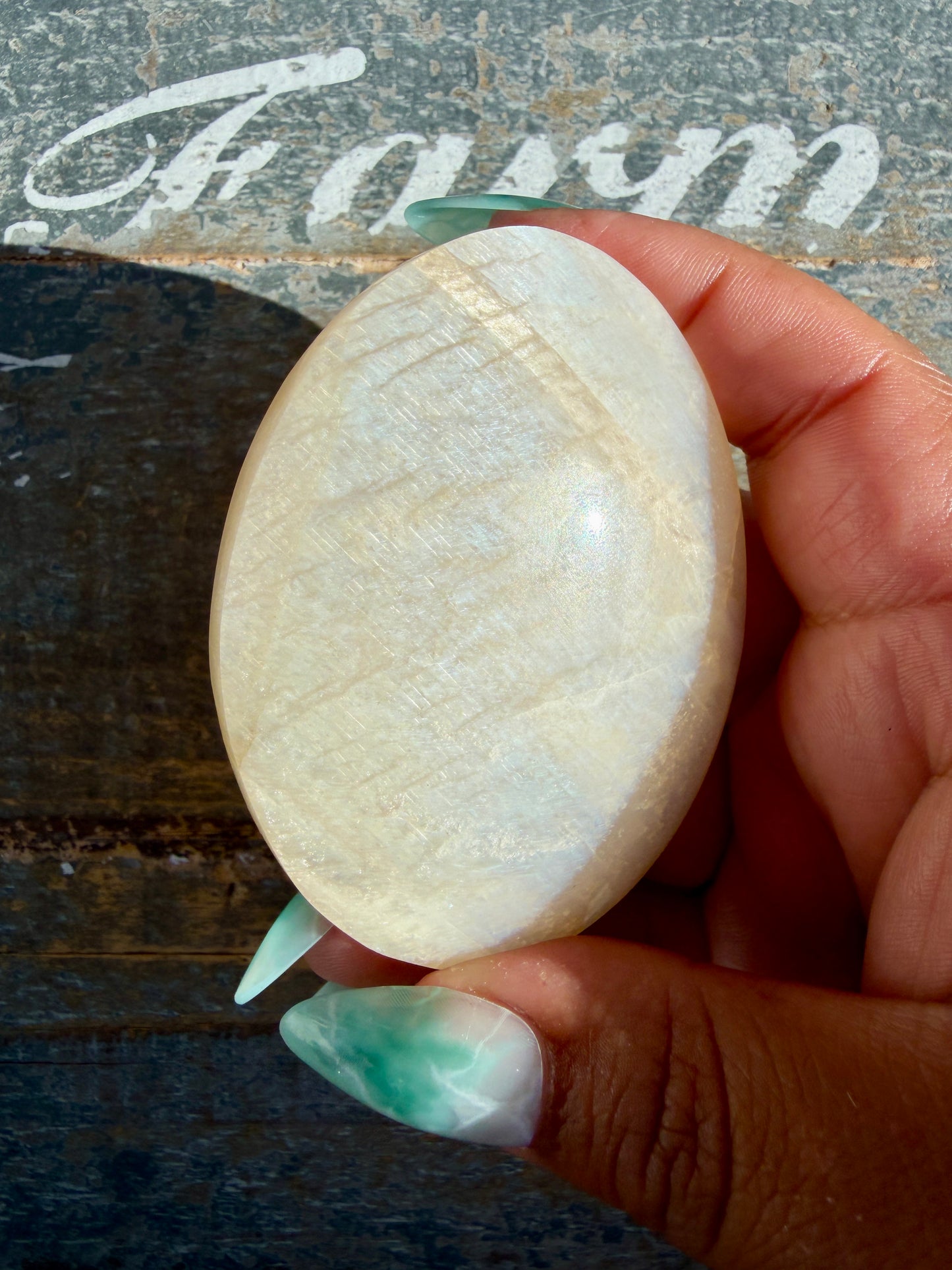 Gorgeous Blue Flash White Moonstone Palm Stone | India | Opt I