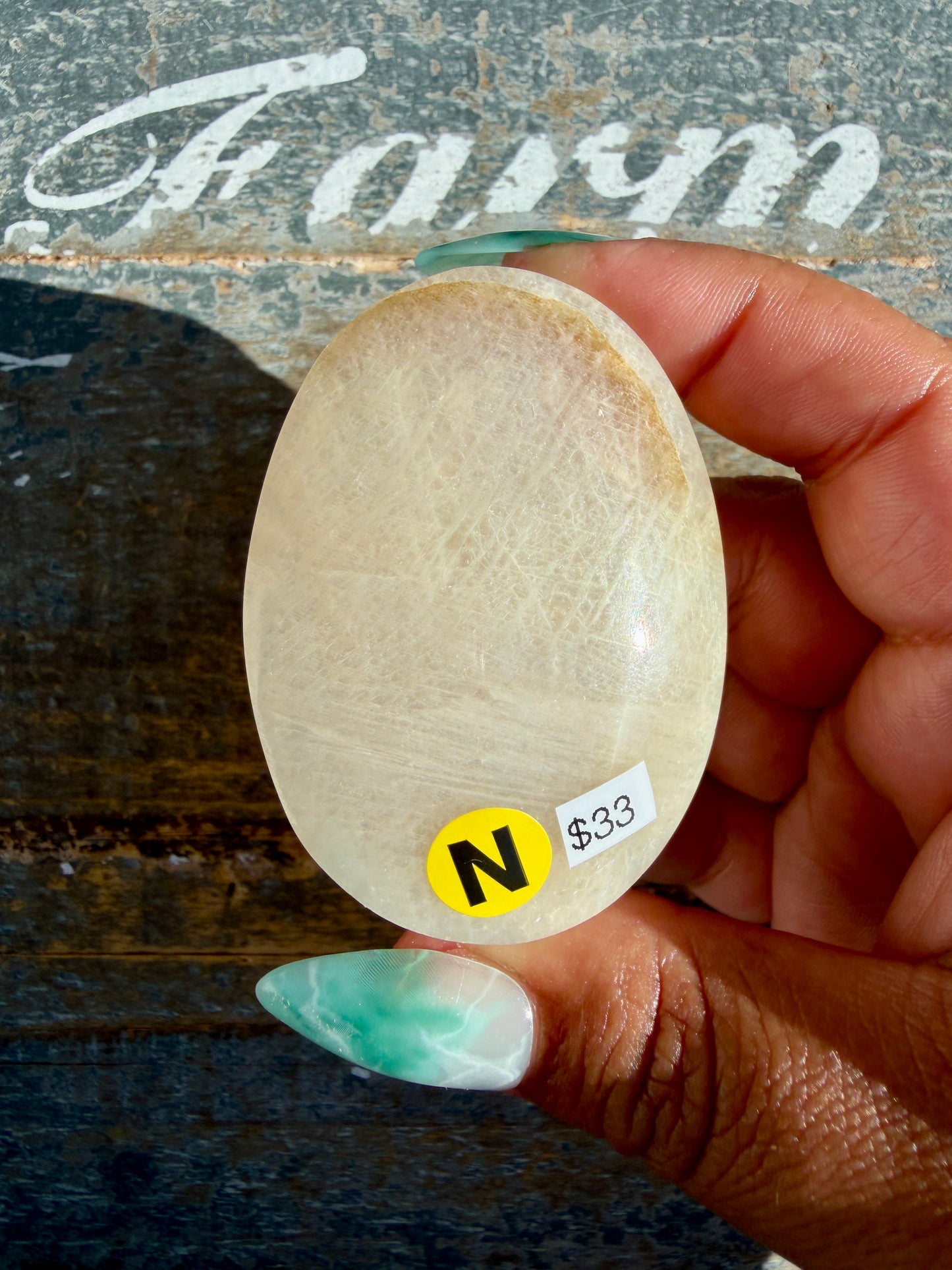 Gorgeous Blue Flash White Moonstone Palm Stone | India | Opt N