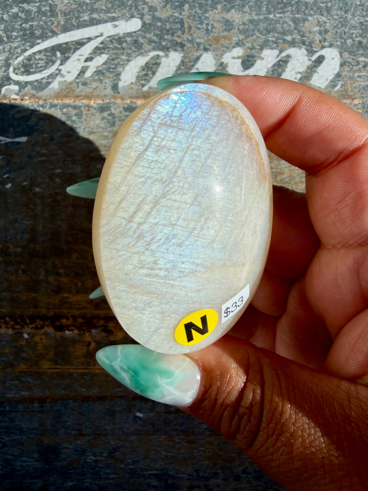 Gorgeous Blue Flash White Moonstone Palm Stone | India | Opt N