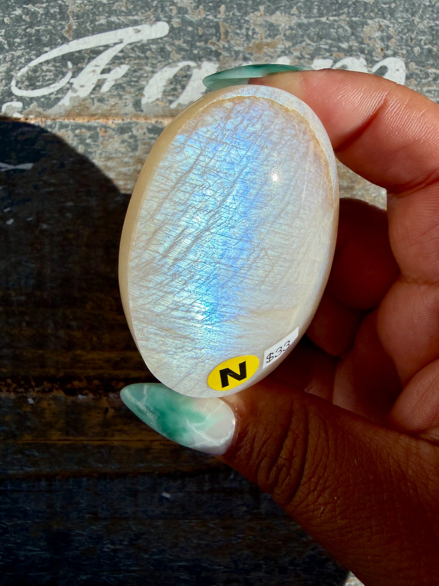 Gorgeous Blue Flash White Moonstone Palm Stone | India | Opt N