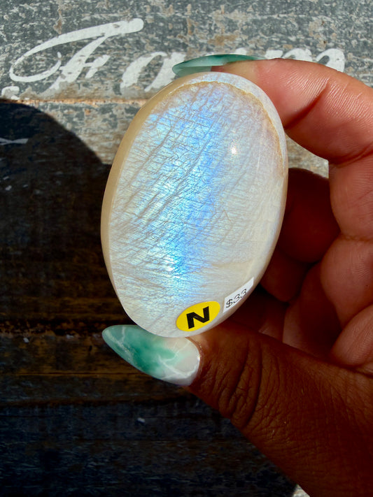 Gorgeous Blue Flash White Moonstone Palm Stone | India | Opt N
