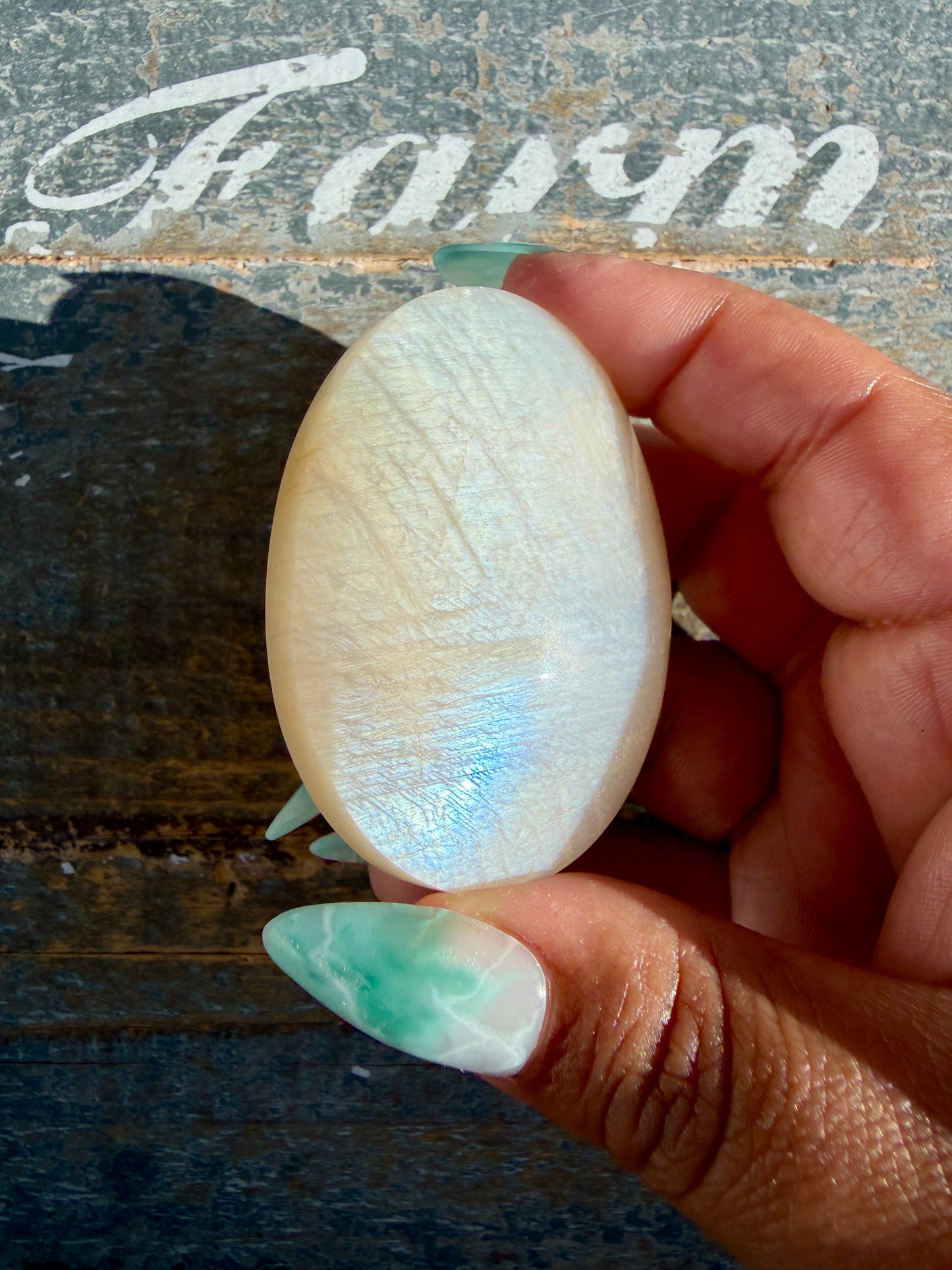 Gorgeous Blue Flash White Moonstone Palm Stone | India | Opt N