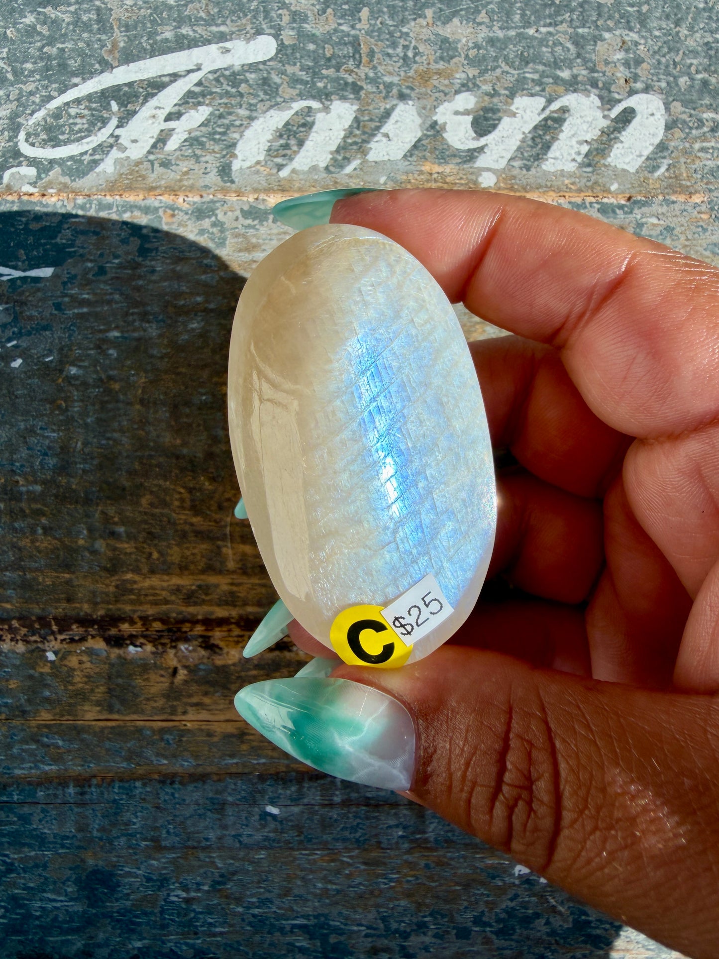 Gorgeous Blue Flash White Moonstone Palm Stone | India | Opt C