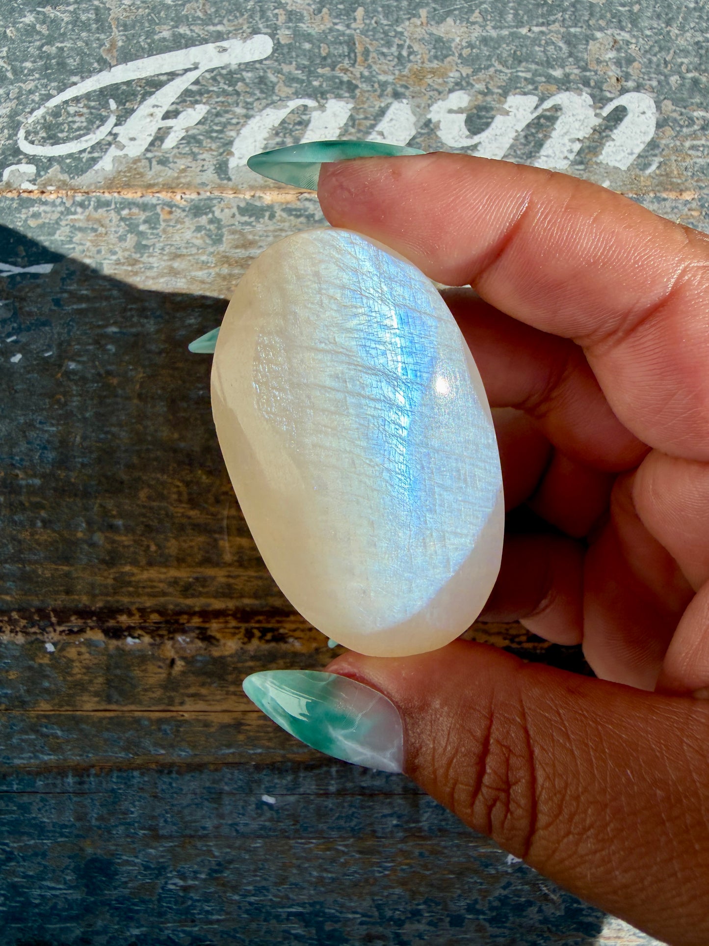 Gorgeous Blue Flash White Moonstone Palm Stone | India | Opt C
