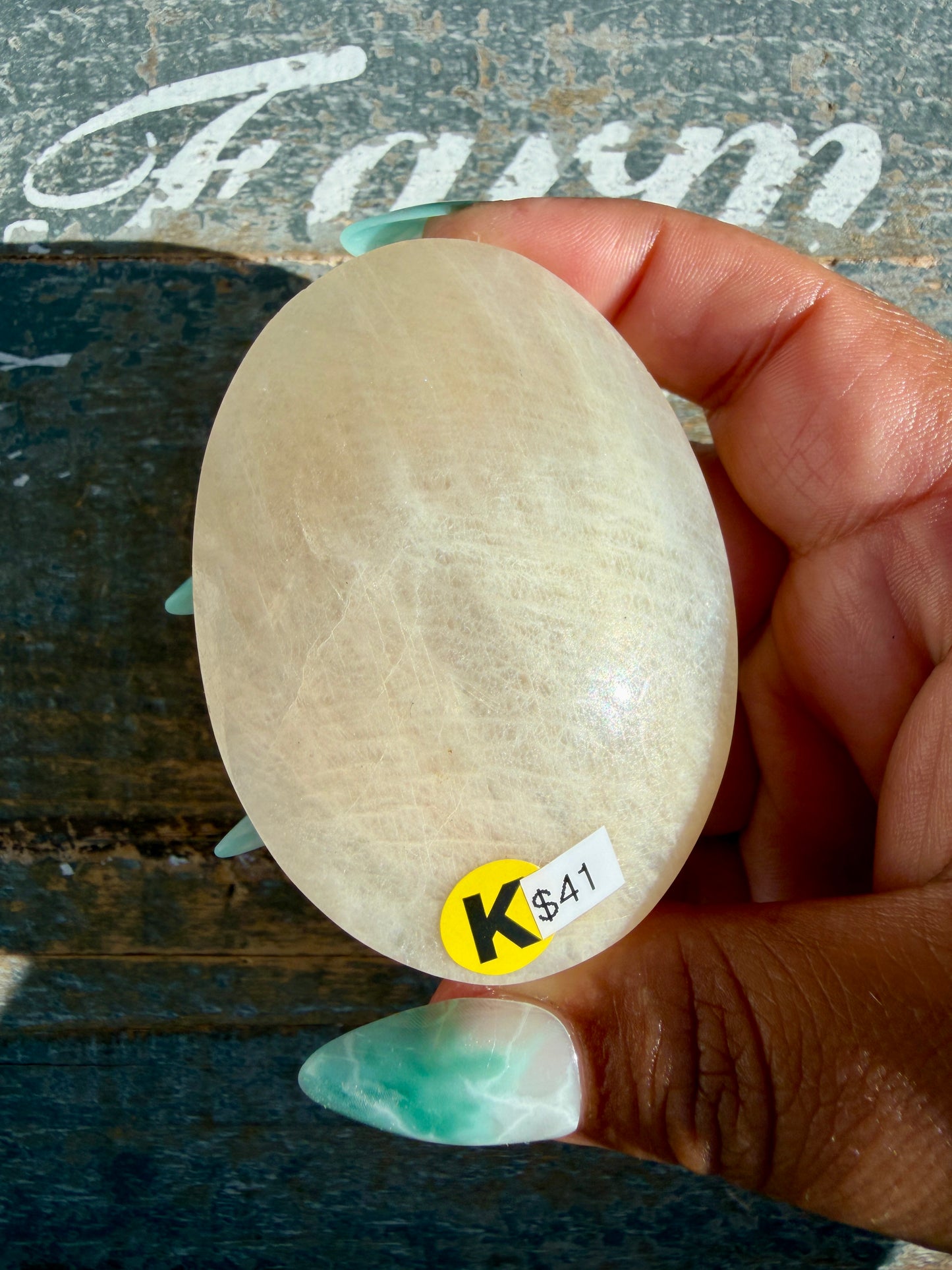 Gorgeous Blue Flash White Moonstone Palm Stone | India | Opt K