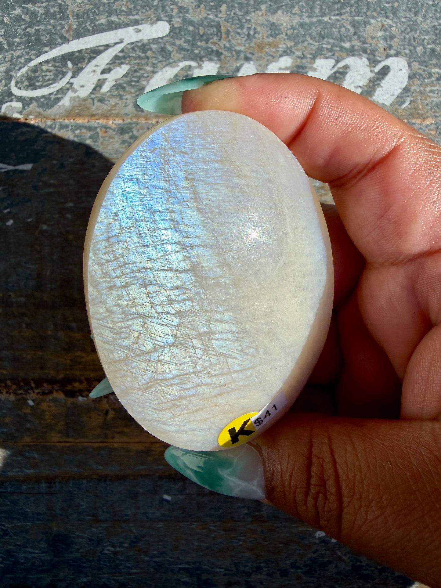 Gorgeous Blue Flash White Moonstone Palm Stone | India | Opt K