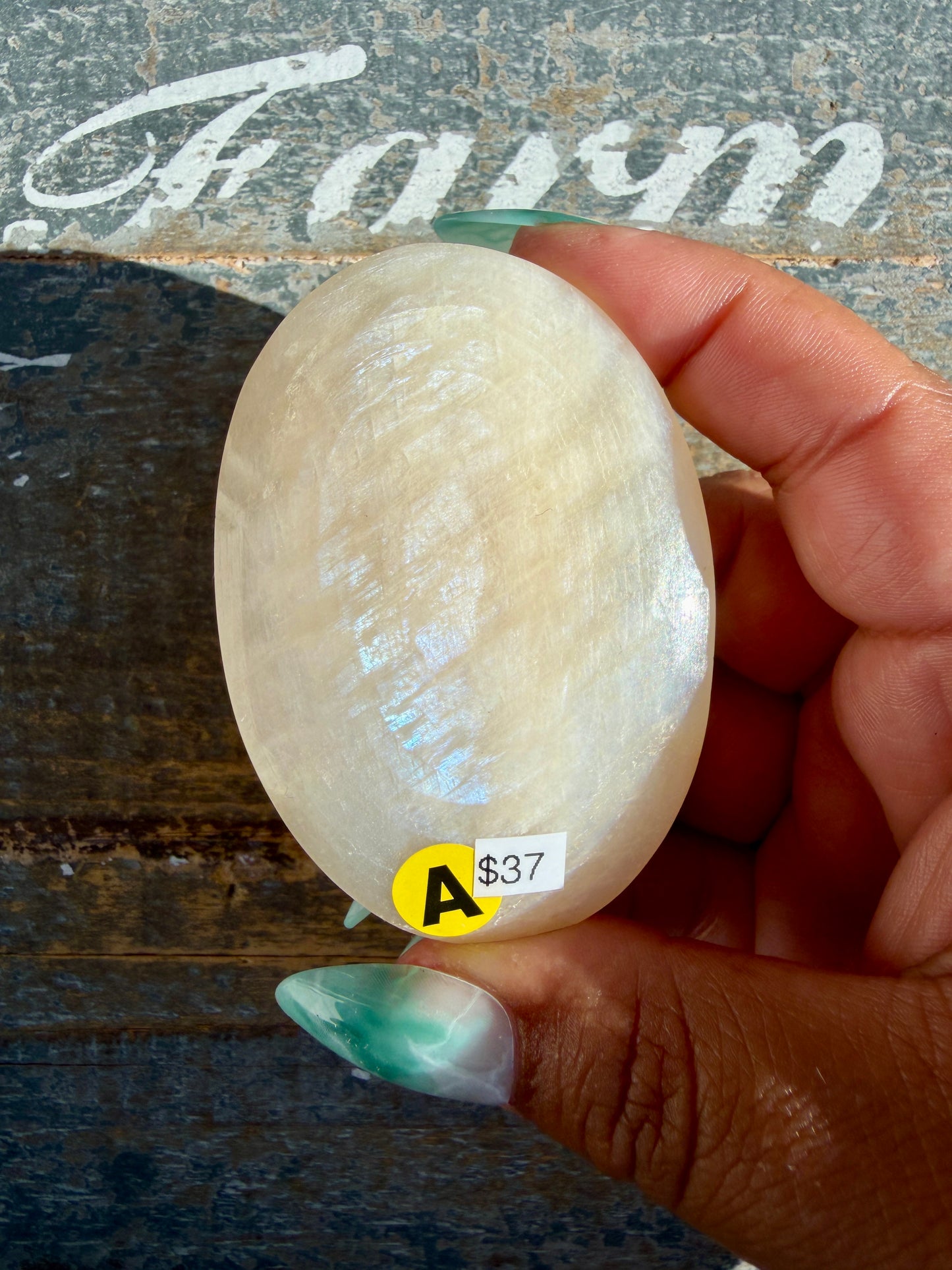 Gorgeous Blue Flash White Moonstone Palm Stone | India | Opt A