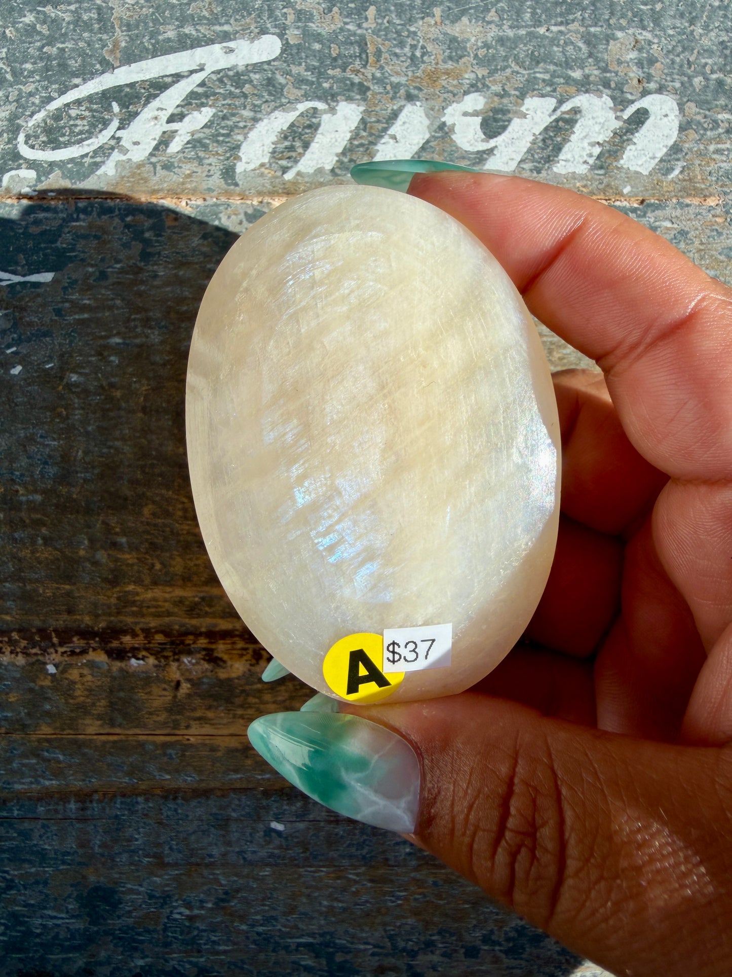 Gorgeous Blue Flash White Moonstone Palm Stone | India | Opt A