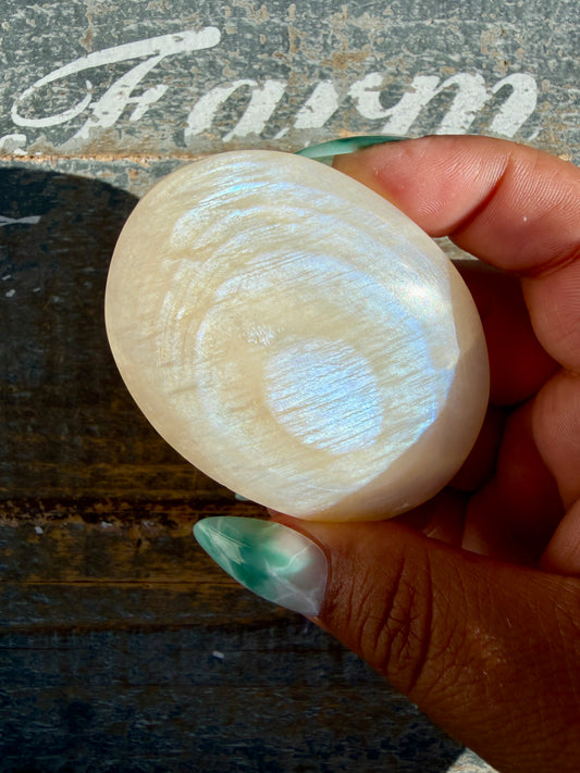 Gorgeous Blue Flash White Moonstone Palm Stone | India | Opt A