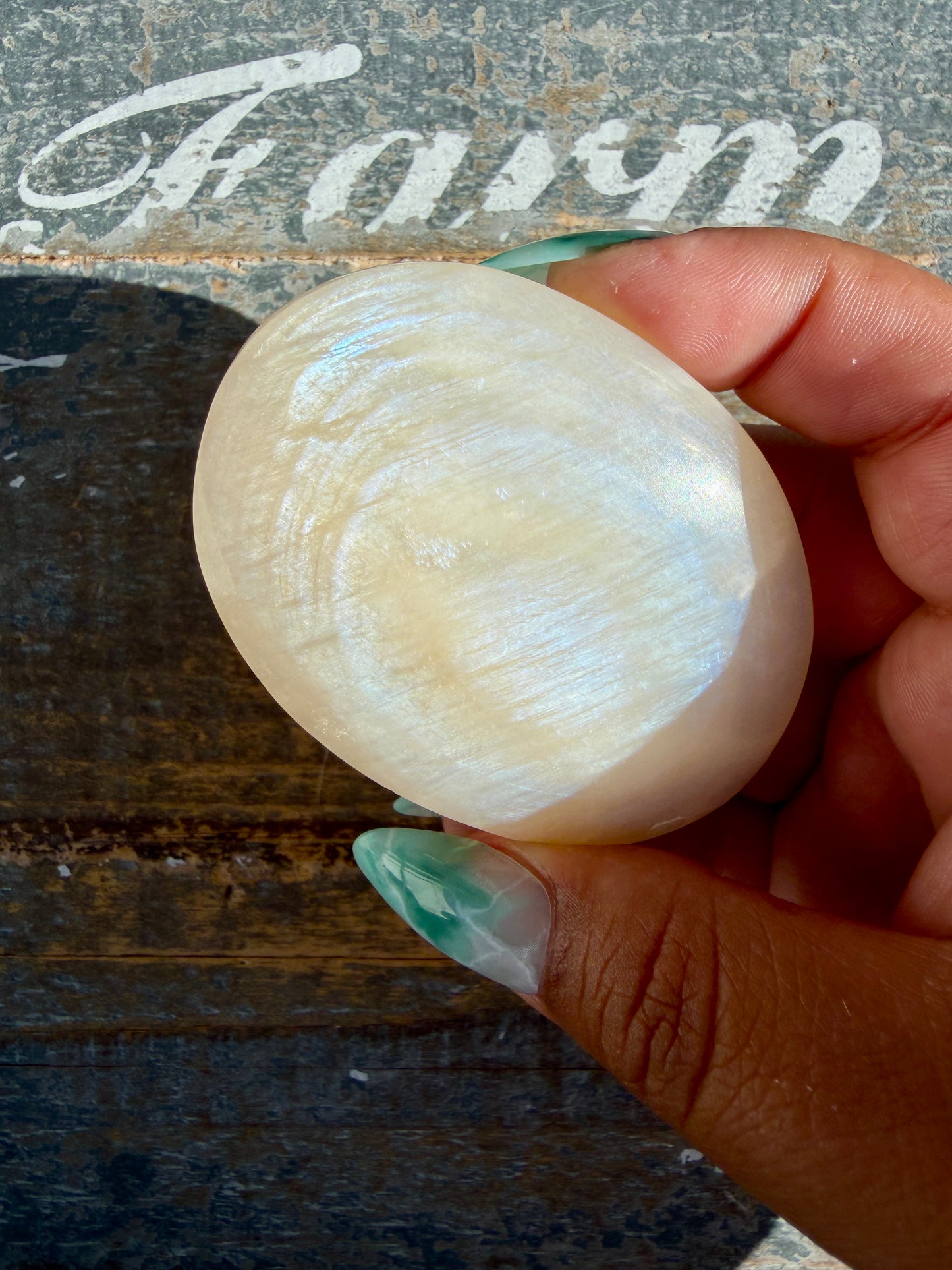 Gorgeous Blue Flash White Moonstone Palm Stone | India | Opt A