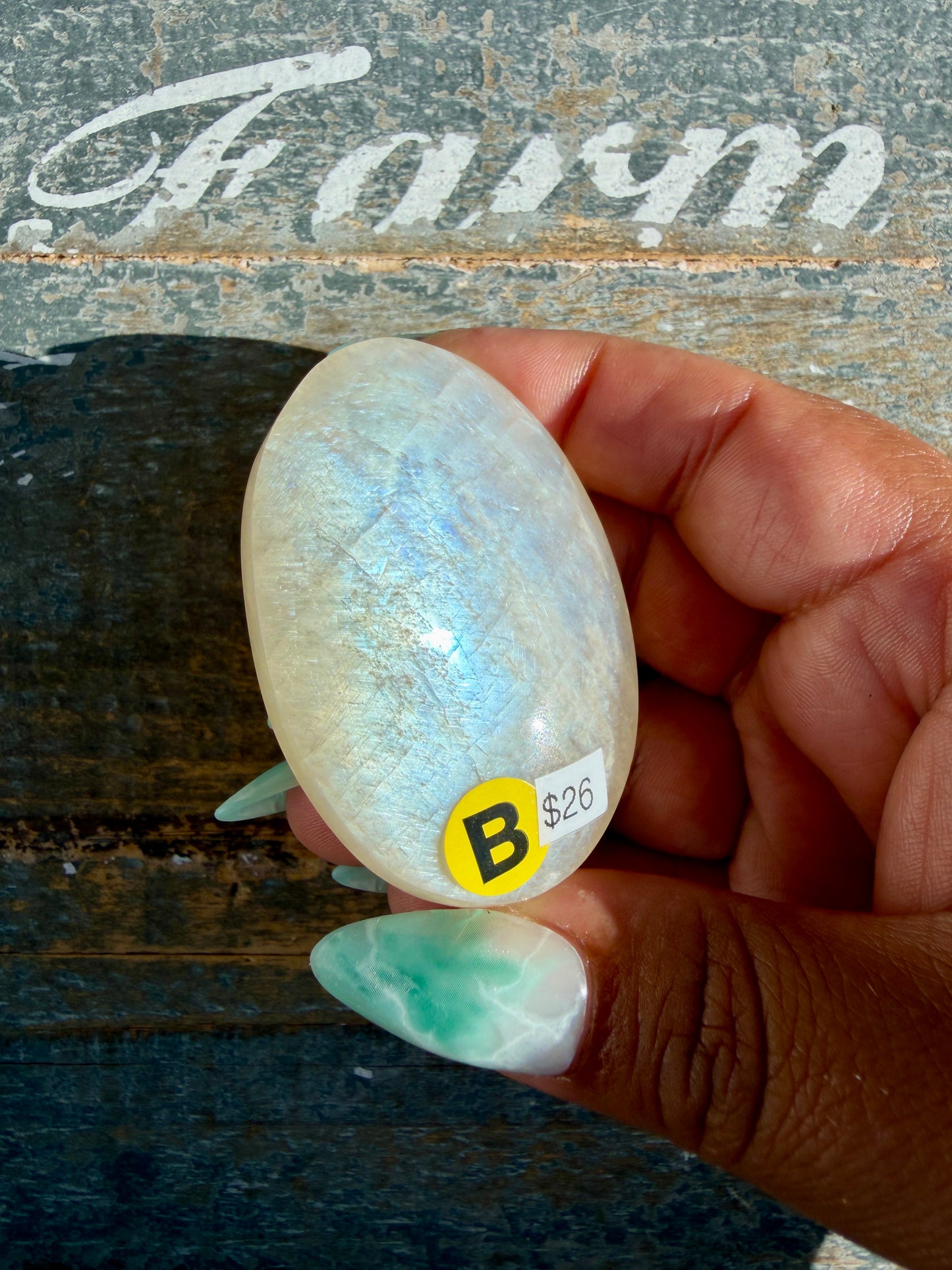 Gorgeous Blue Flash White Moonstone Palm Stone | India | Opt B