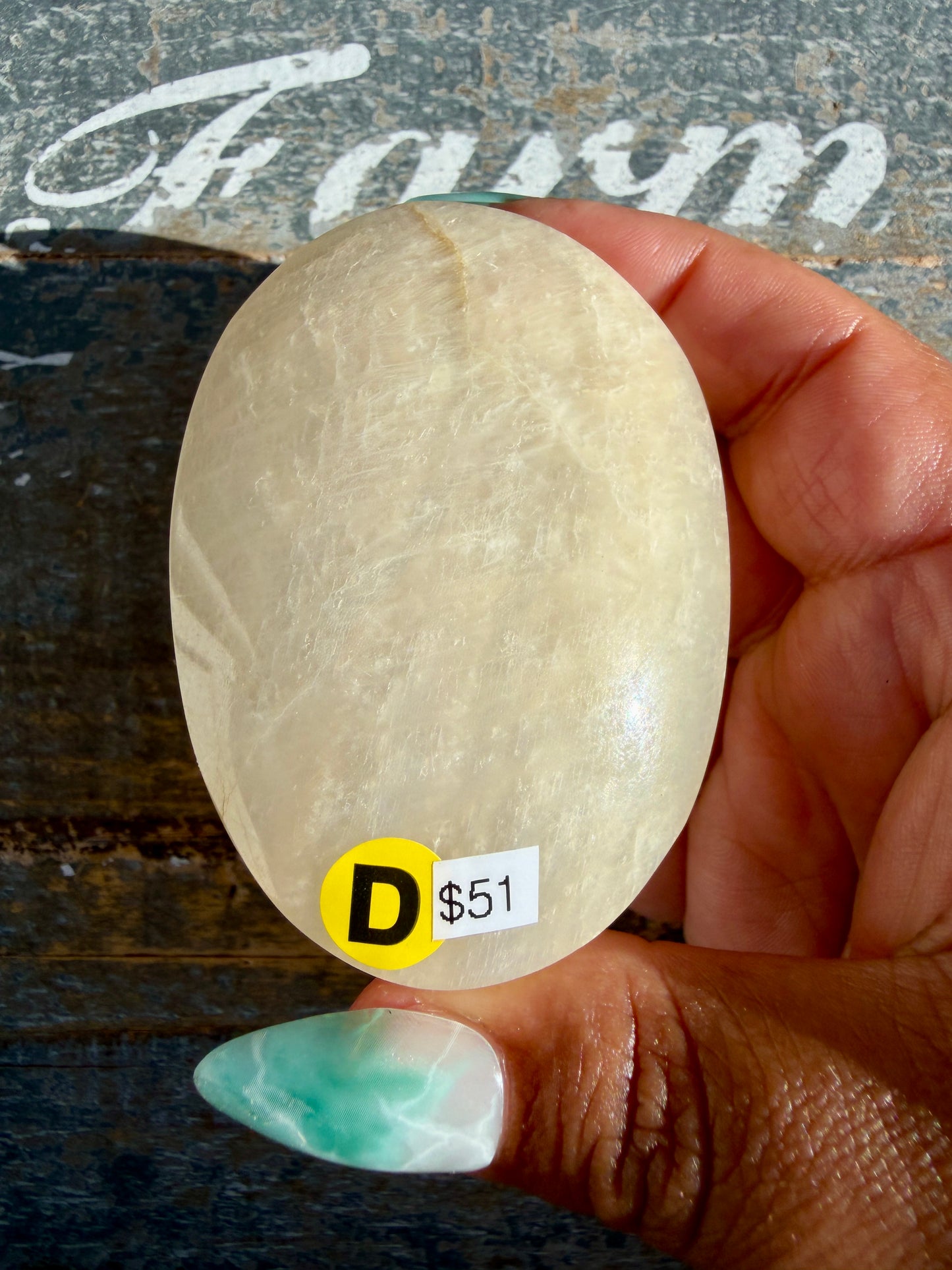 Gorgeous Blue Flash White Moonstone Palm Stone | India | Opt D