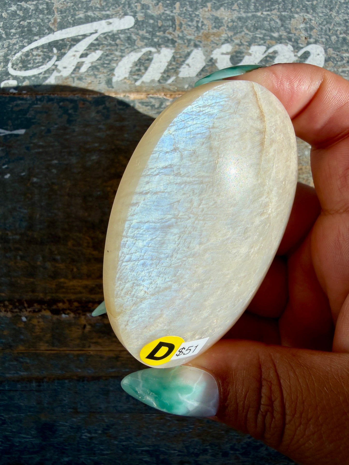 Gorgeous Blue Flash White Moonstone Palm Stone | India | Opt D