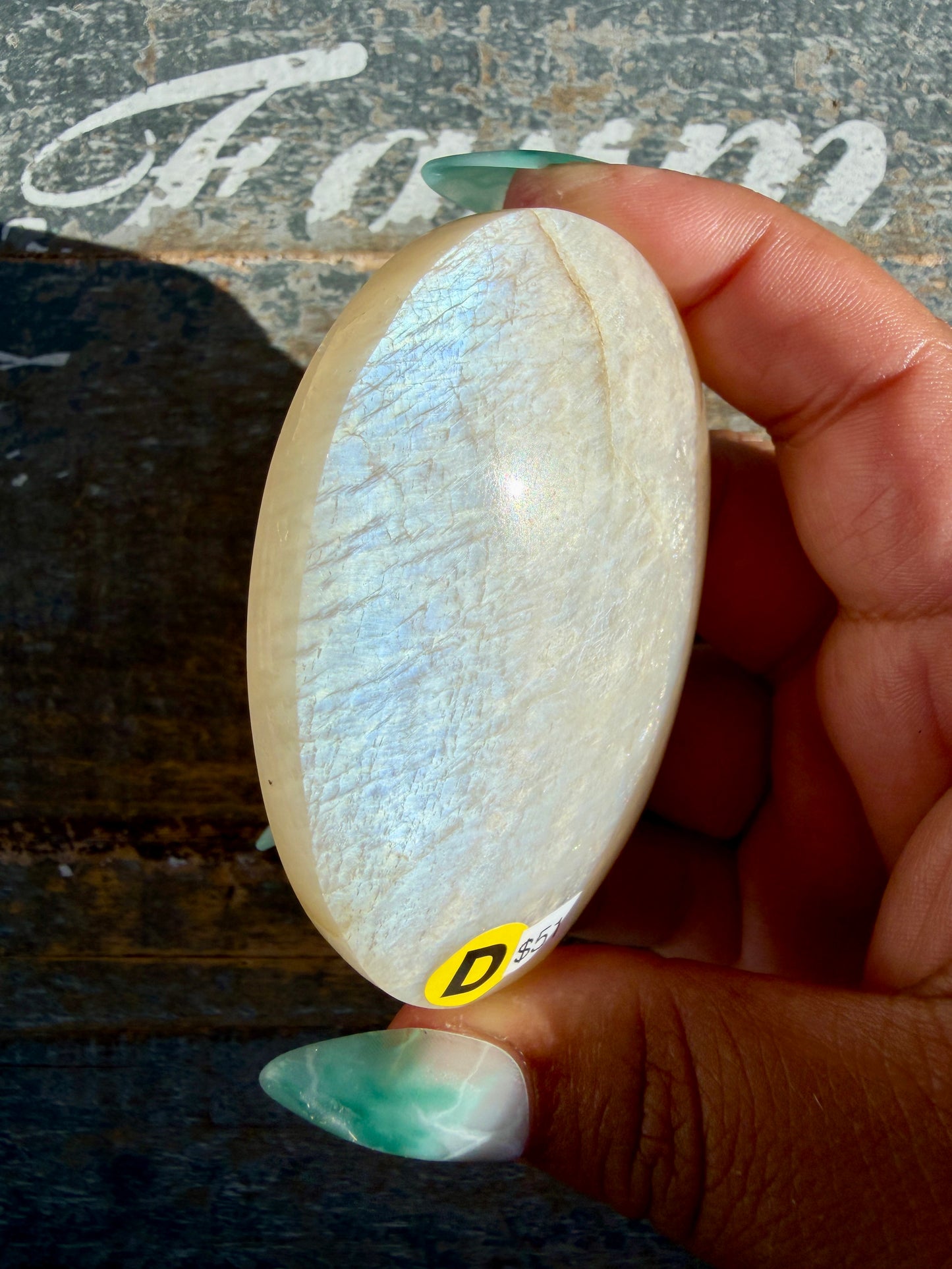 Gorgeous Blue Flash White Moonstone Palm Stone | India | Opt D