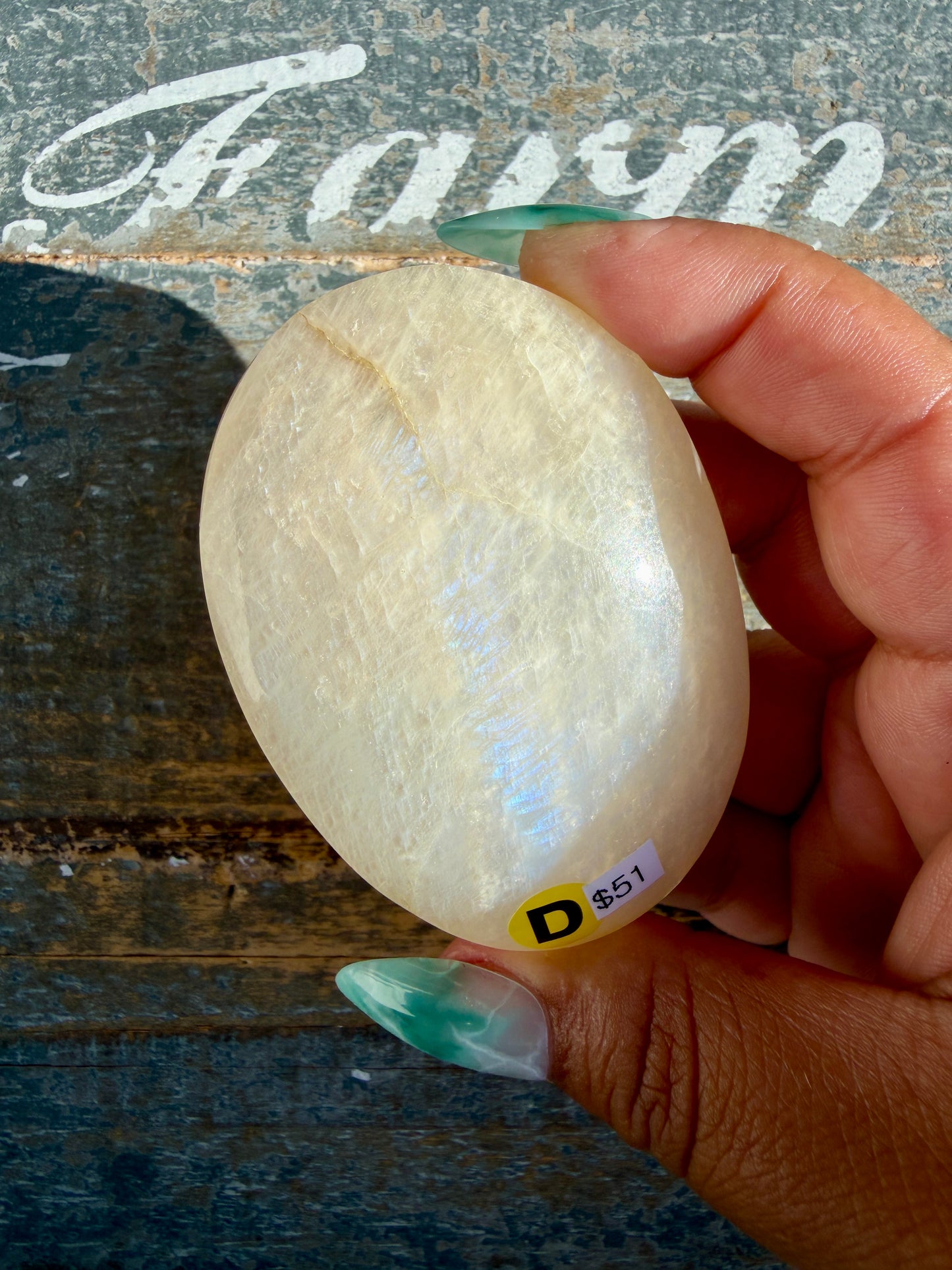 Gorgeous Blue Flash White Moonstone Palm Stone | India | Opt D