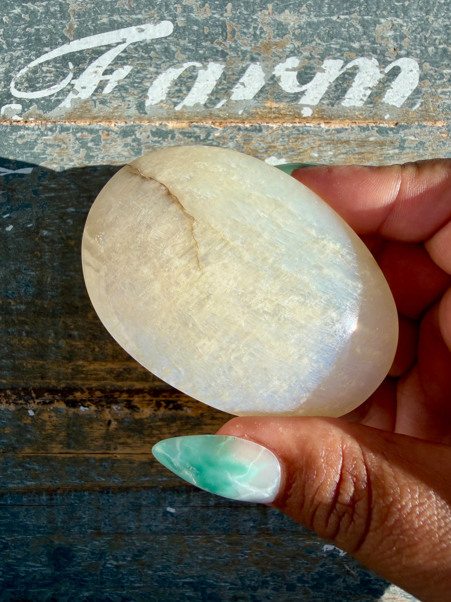 Gorgeous Blue Flash White Moonstone Palm Stone | India | Opt D