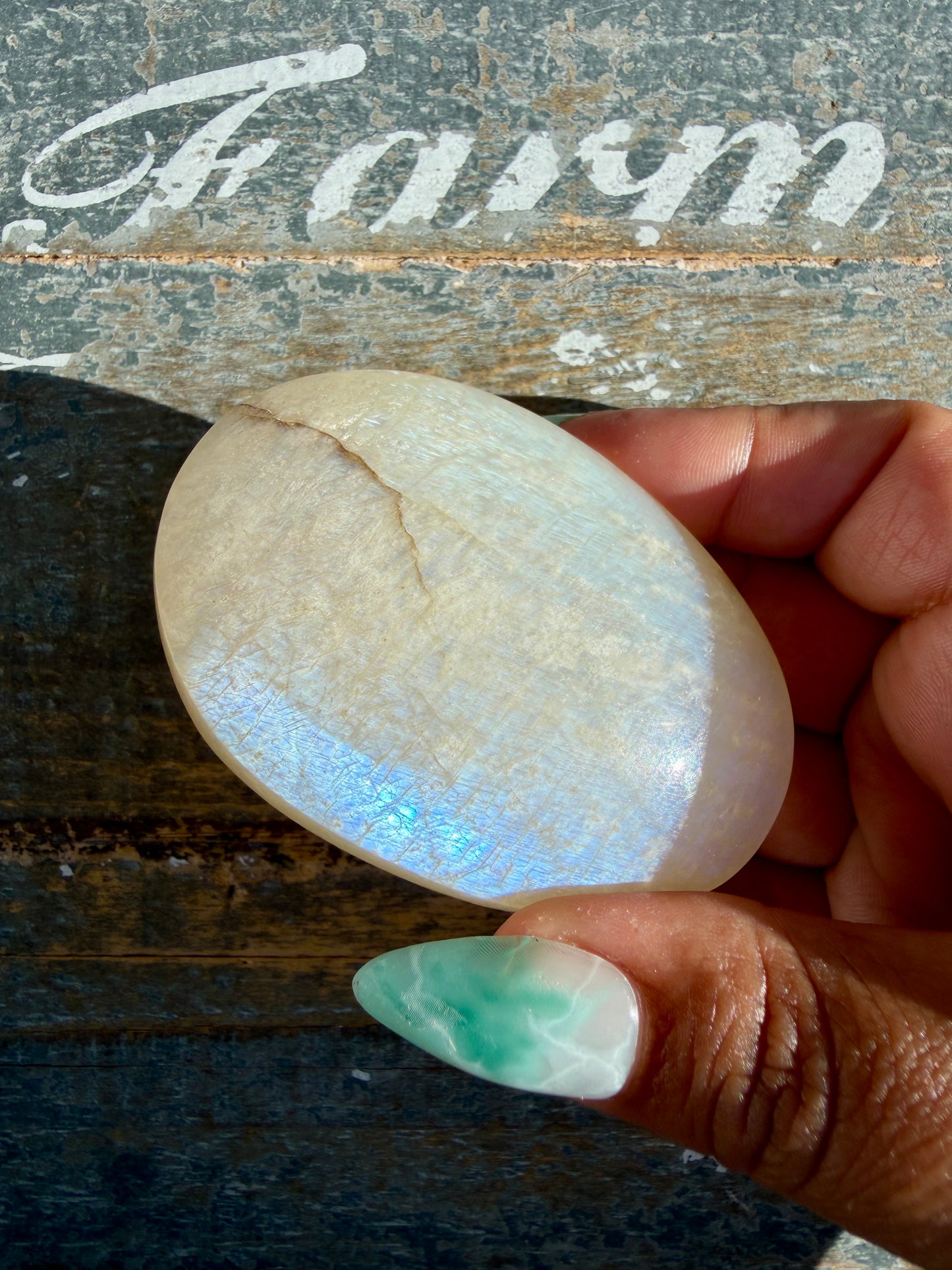 Gorgeous Blue Flash White Moonstone Palm Stone | India | Opt D