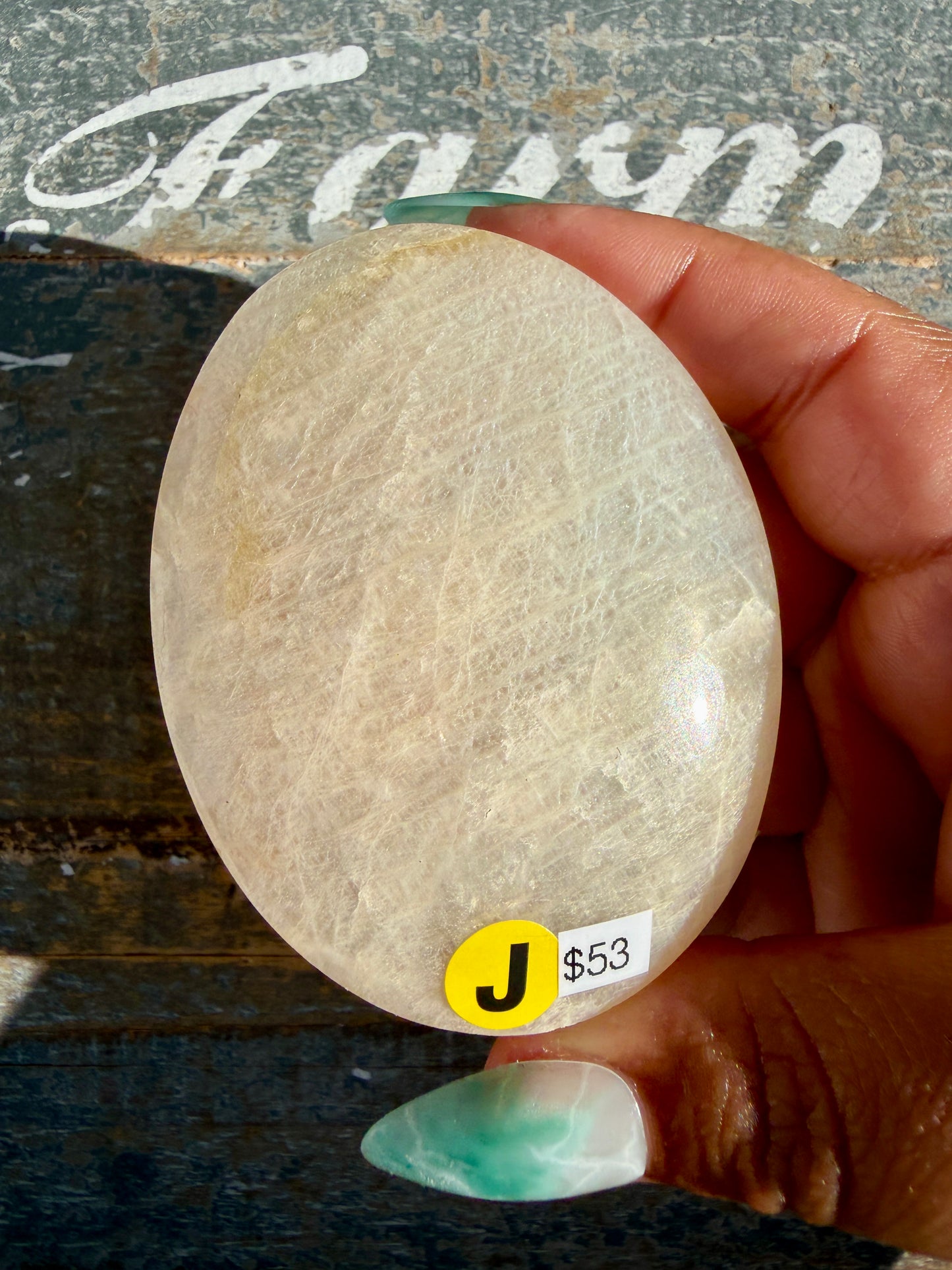 Gorgeous Blue Flash White Moonstone Palm Stone | India | Opt J