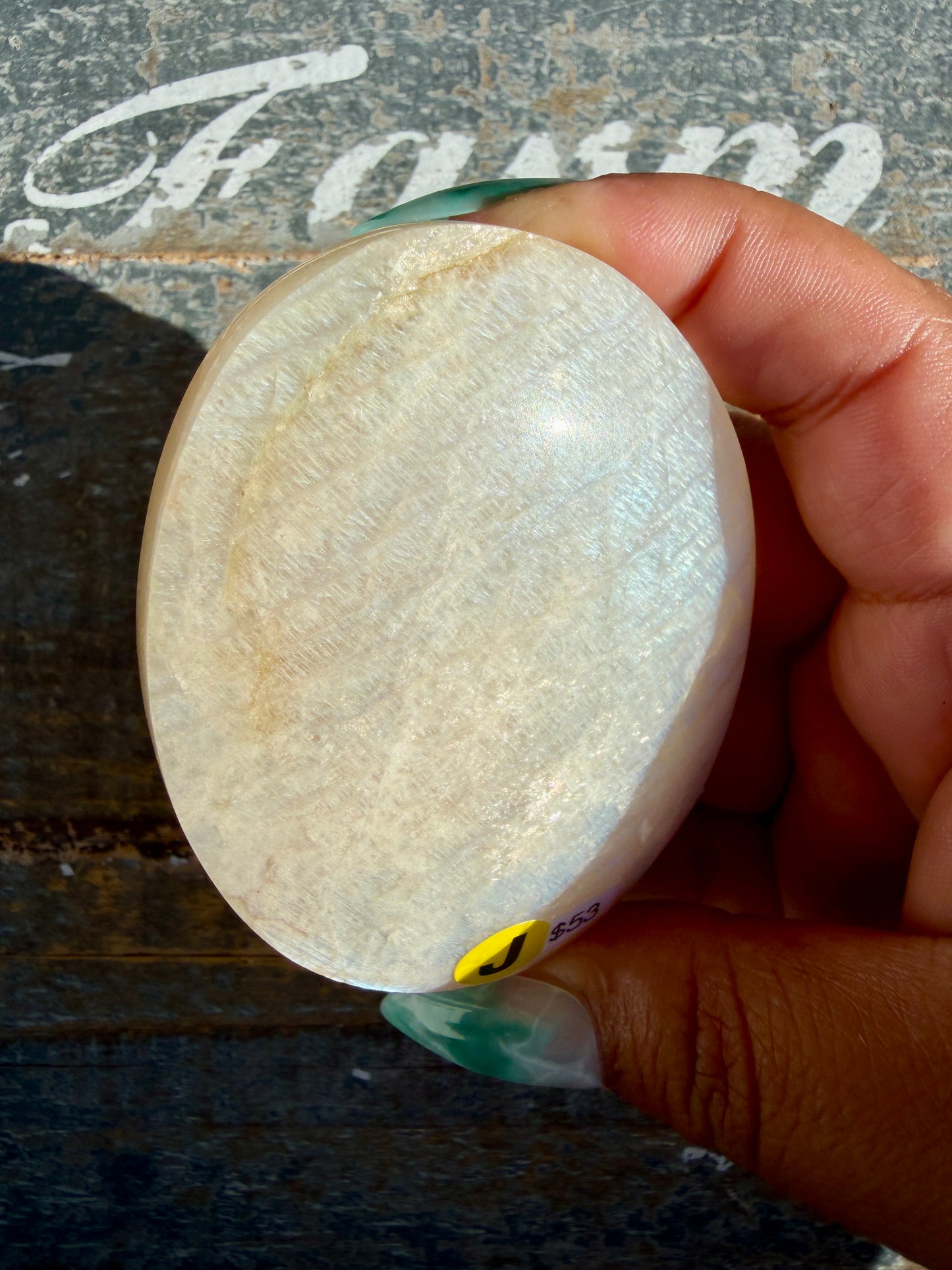 Gorgeous Blue Flash White Moonstone Palm Stone | India | Opt J