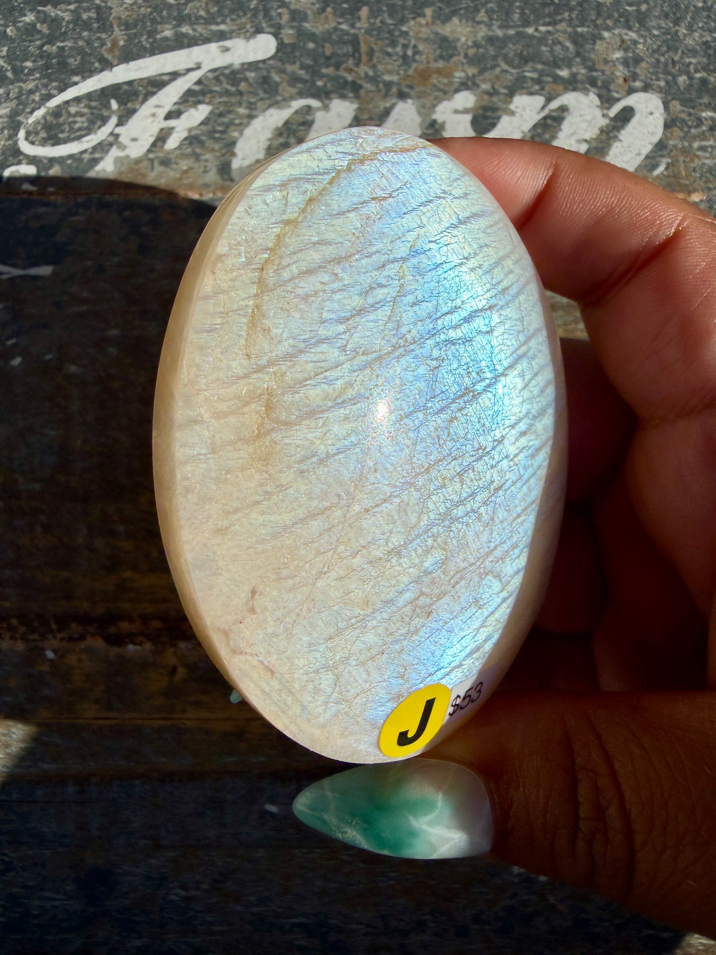 Gorgeous Blue Flash White Moonstone Palm Stone | India | Opt J