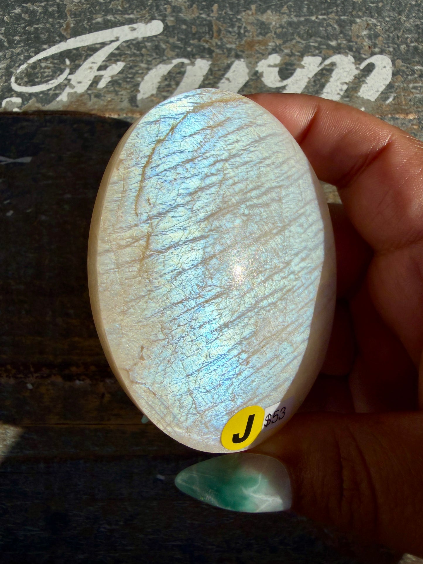 Gorgeous Blue Flash White Moonstone Palm Stone | India | Opt J