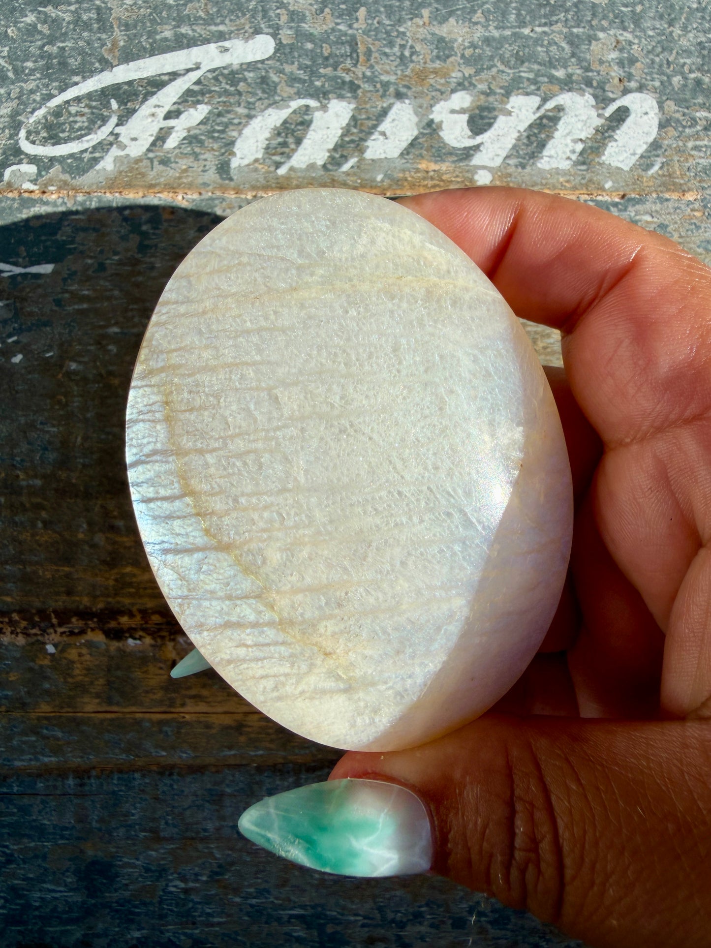 Gorgeous Blue Flash White Moonstone Palm Stone | India | Opt J