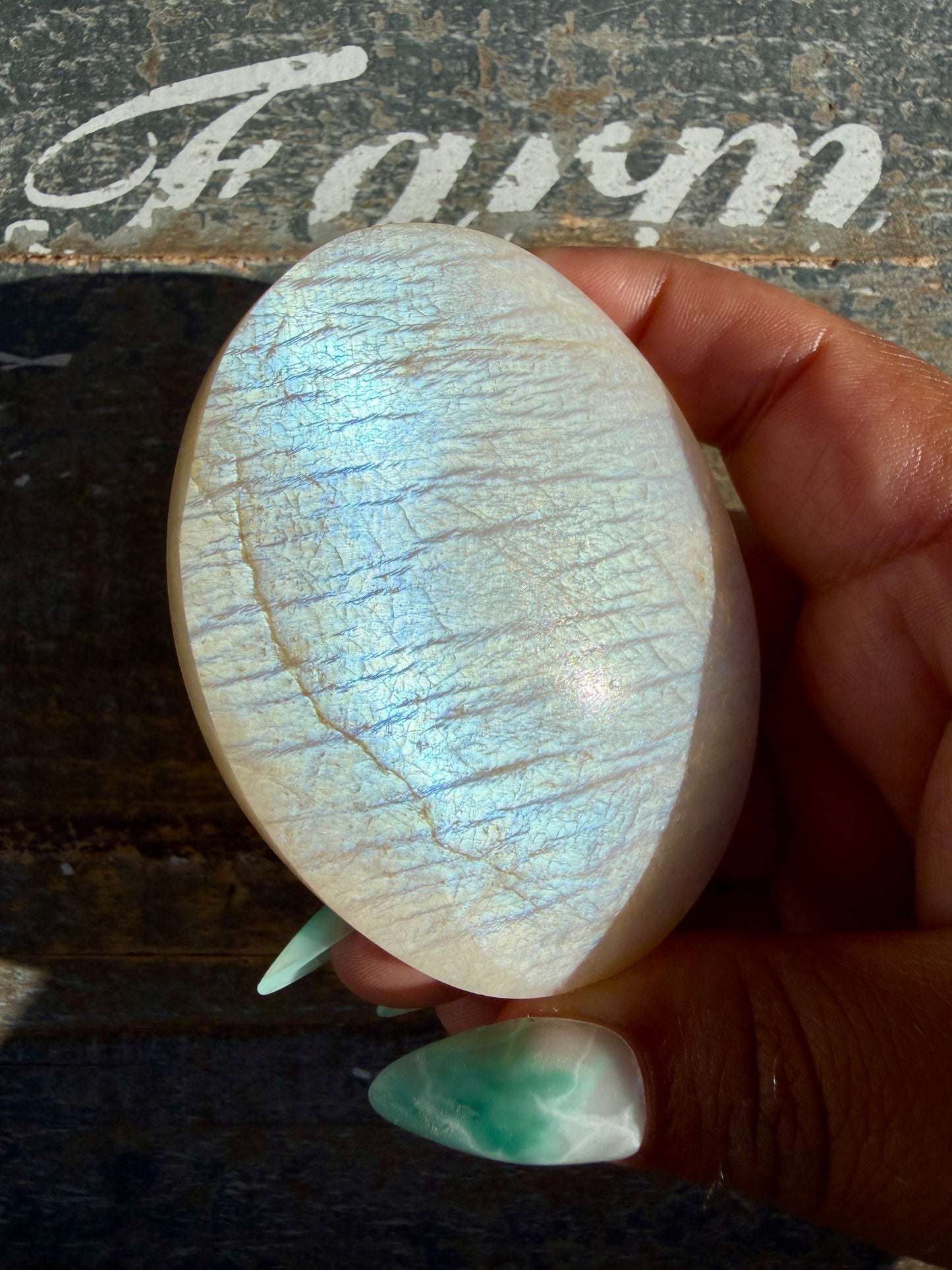 Gorgeous Blue Flash White Moonstone Palm Stone | India | Opt J
