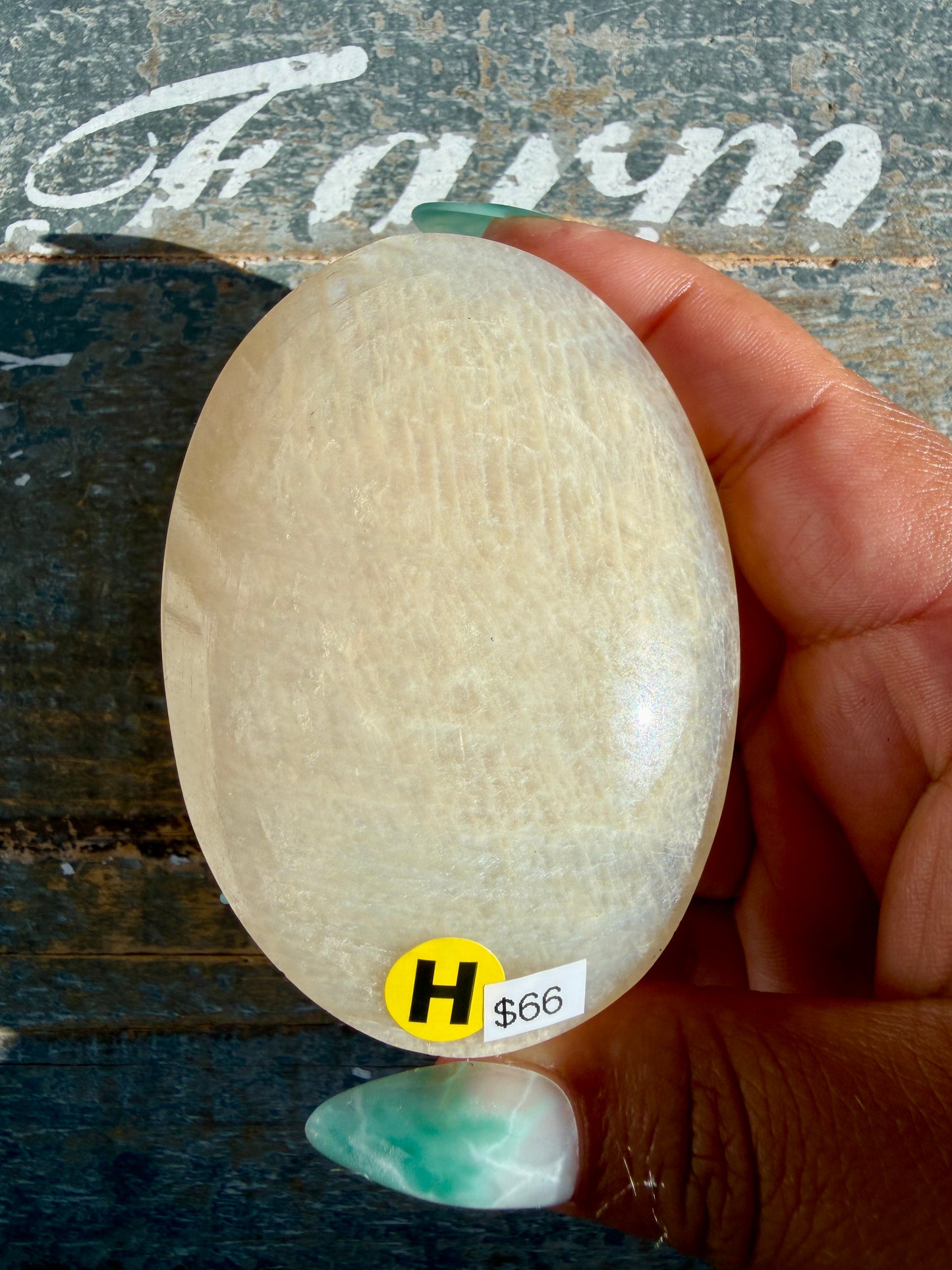 Gorgeous Blue Flash White Moonstone Palm Stone | India | Opt H