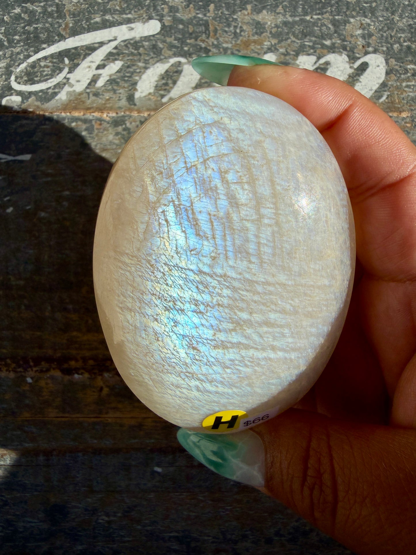 Gorgeous Blue Flash White Moonstone Palm Stone | India | Opt H