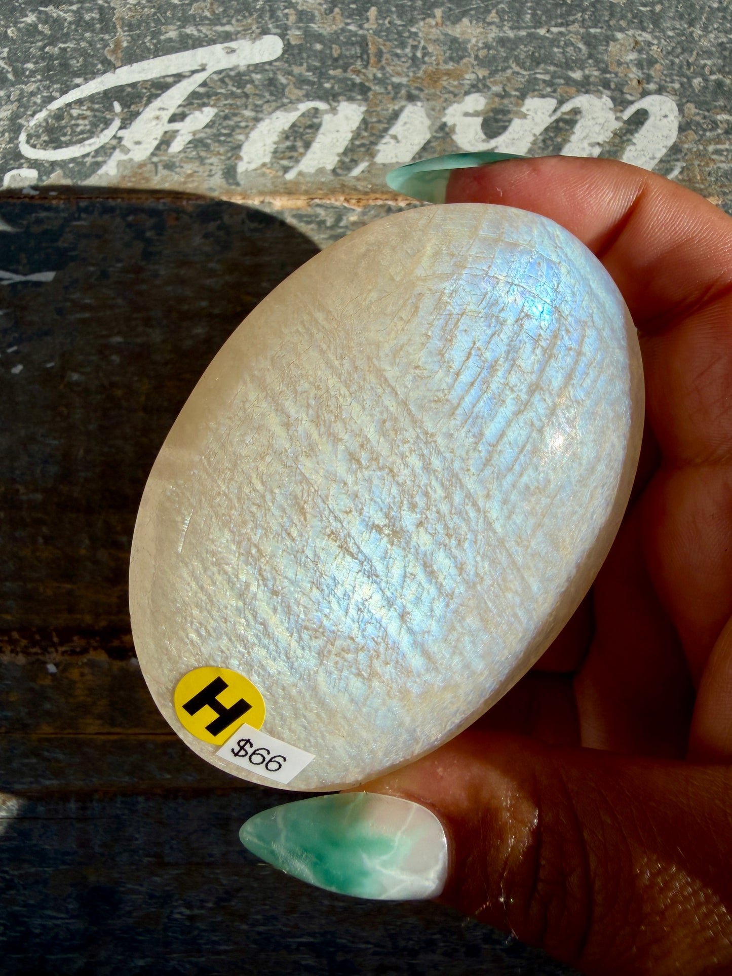 Gorgeous Blue Flash White Moonstone Palm Stone | India | Opt H