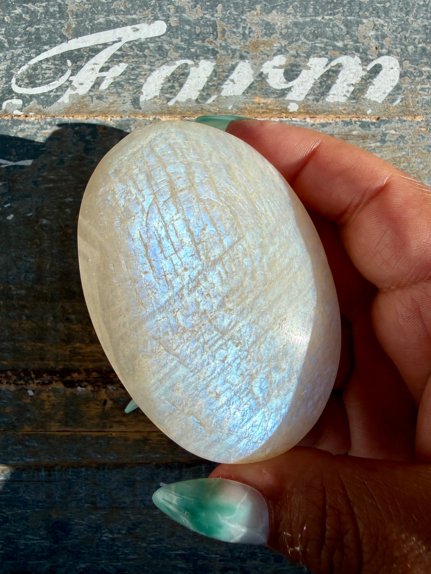 Gorgeous Blue Flash White Moonstone Palm Stone | India | Opt H